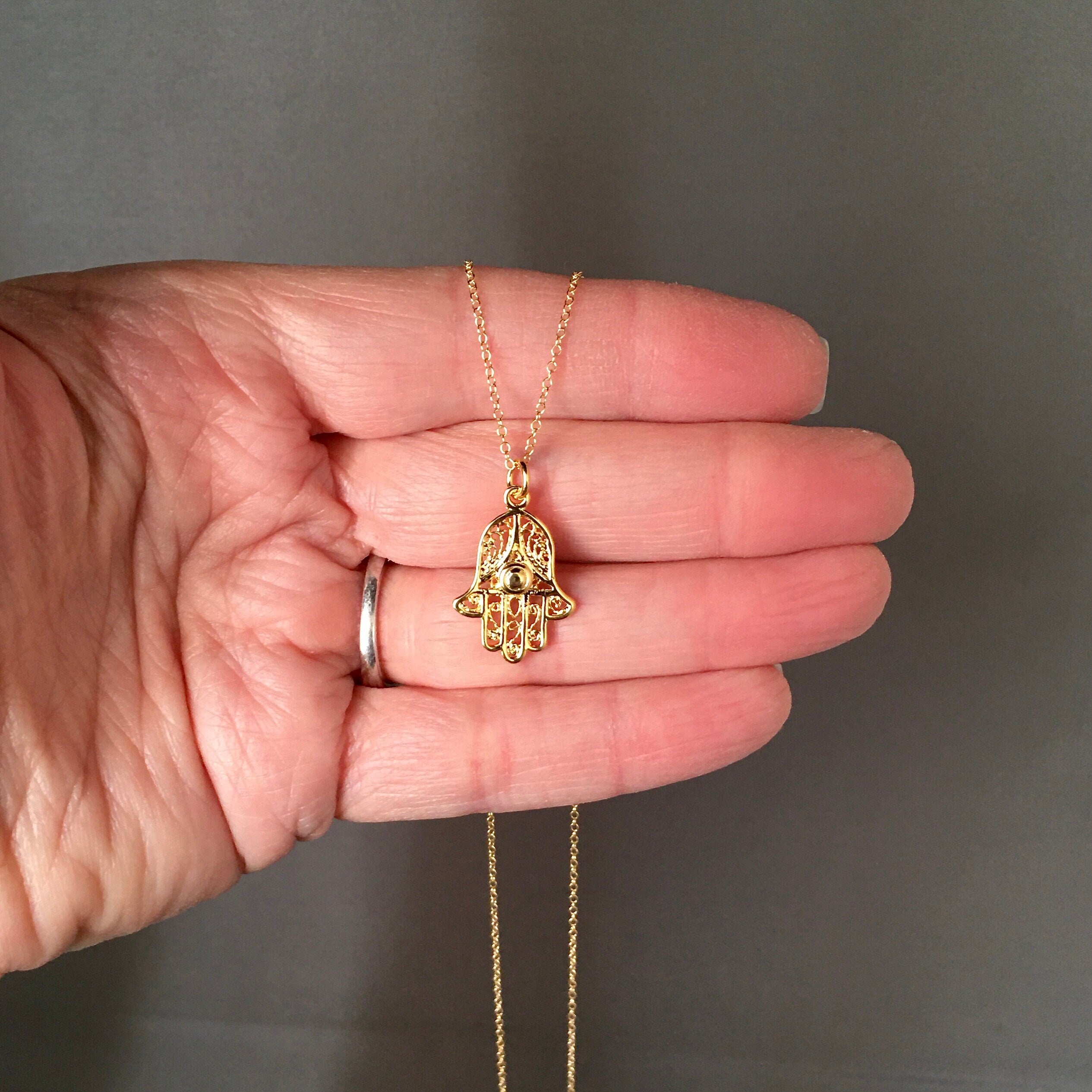 Gold Vermeil Filigree Hamsa Hand Pendant Necklace III