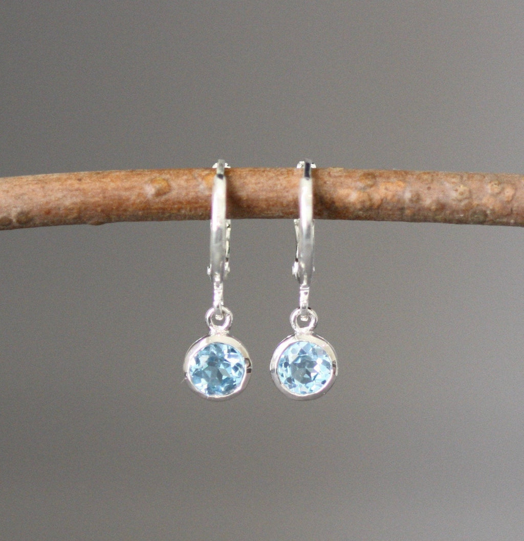 Swiss Blue Topaz Bezel Charm Earrings on Silver Huggie Hoops