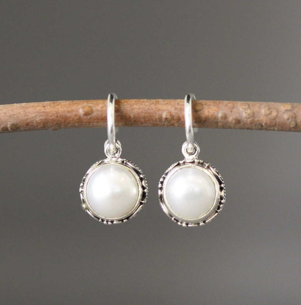 Freshwater Pearl Bezel and Bali Sterling Silver Charm Earrings on Post Hoops