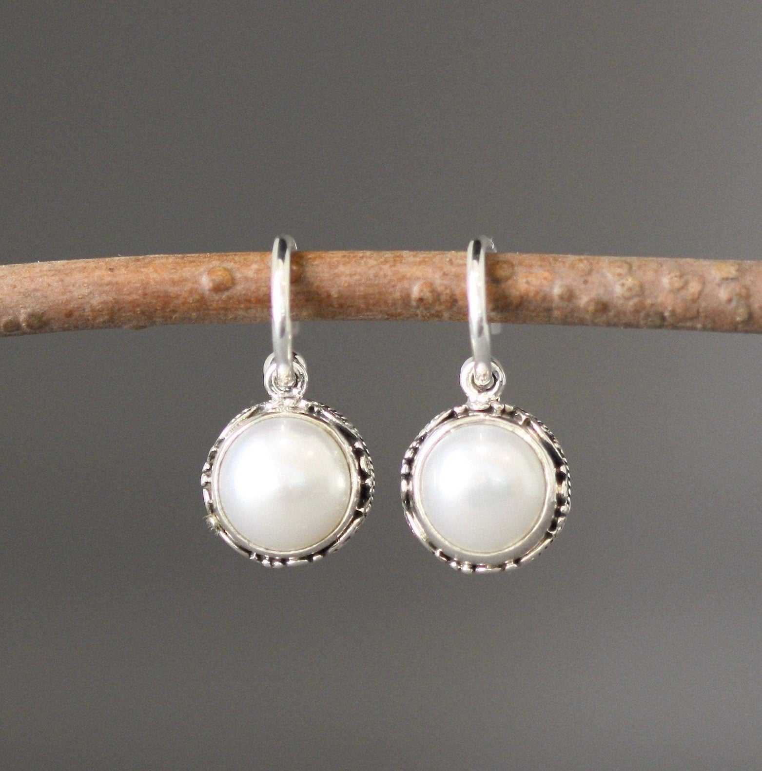 Freshwater Pearl Bezel and Bali Sterling Silver Charm Earrings on Post Hoops