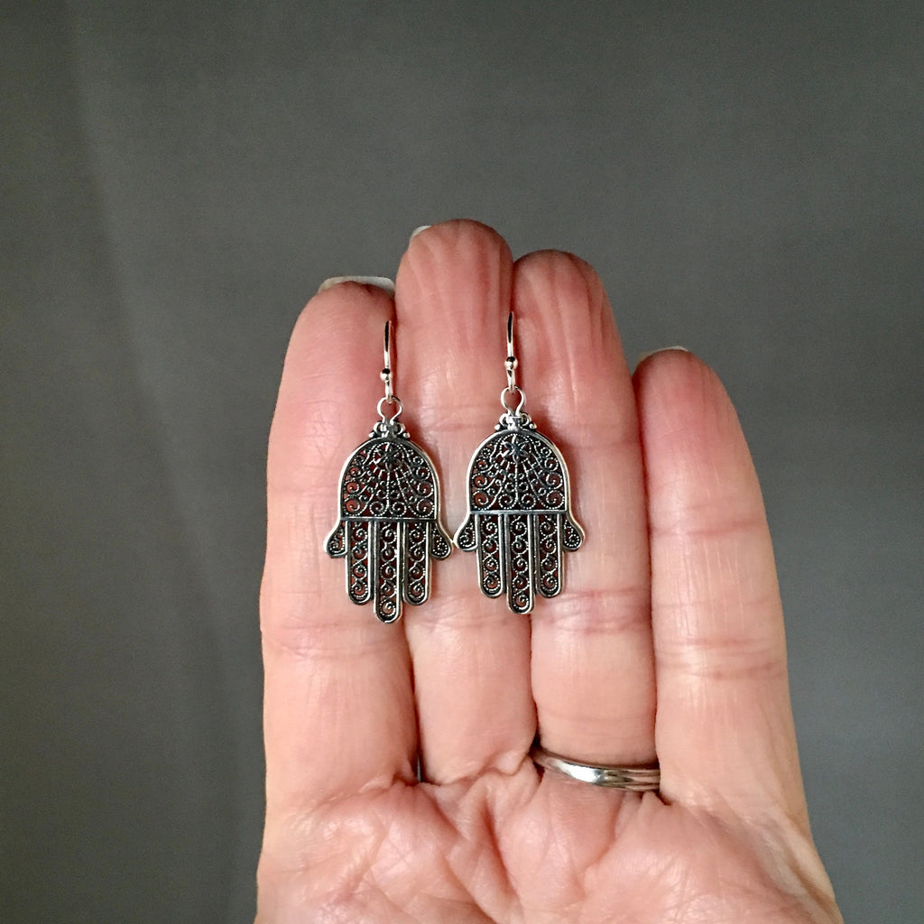 Large Bali Silver Hamsa Hand Dangle Earrings