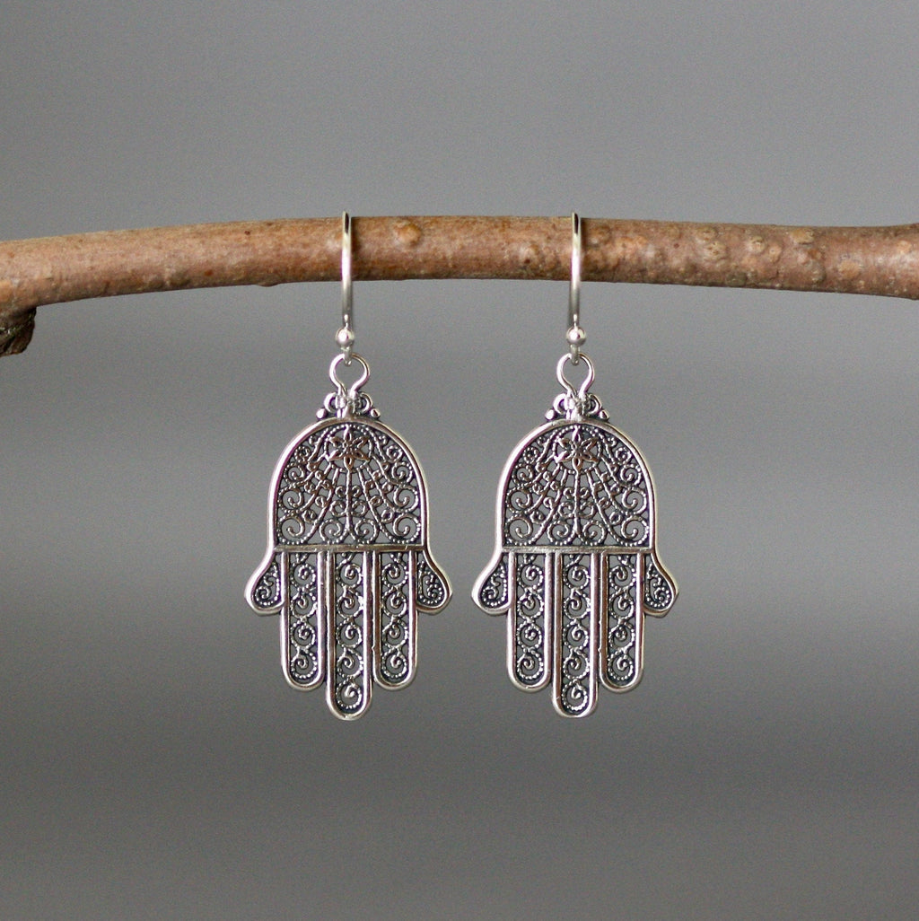 Large Bali Silver Hamsa Hand Dangle Earrings