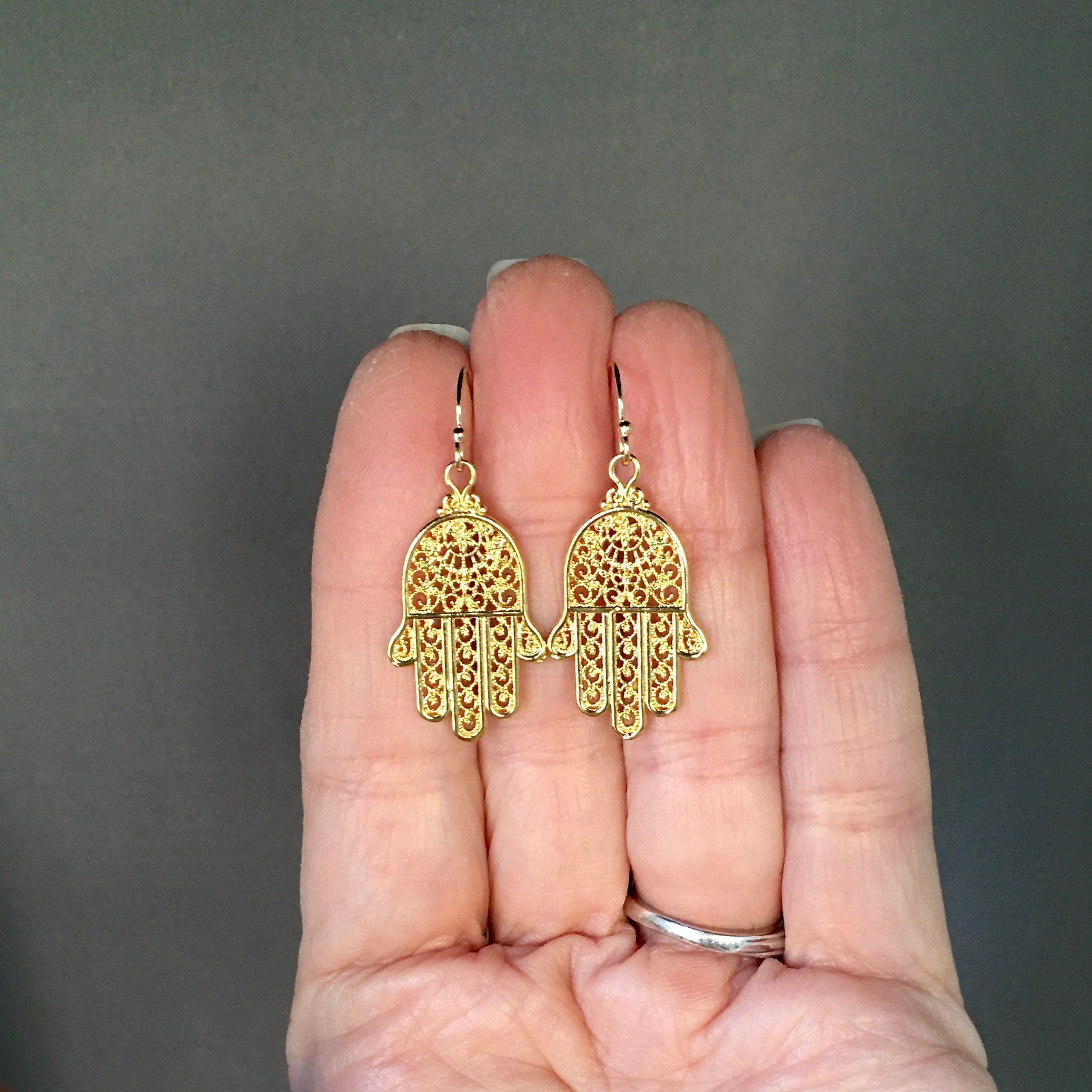 Gold Vermeil Bali Filigree Hamsa Dangle Earrings