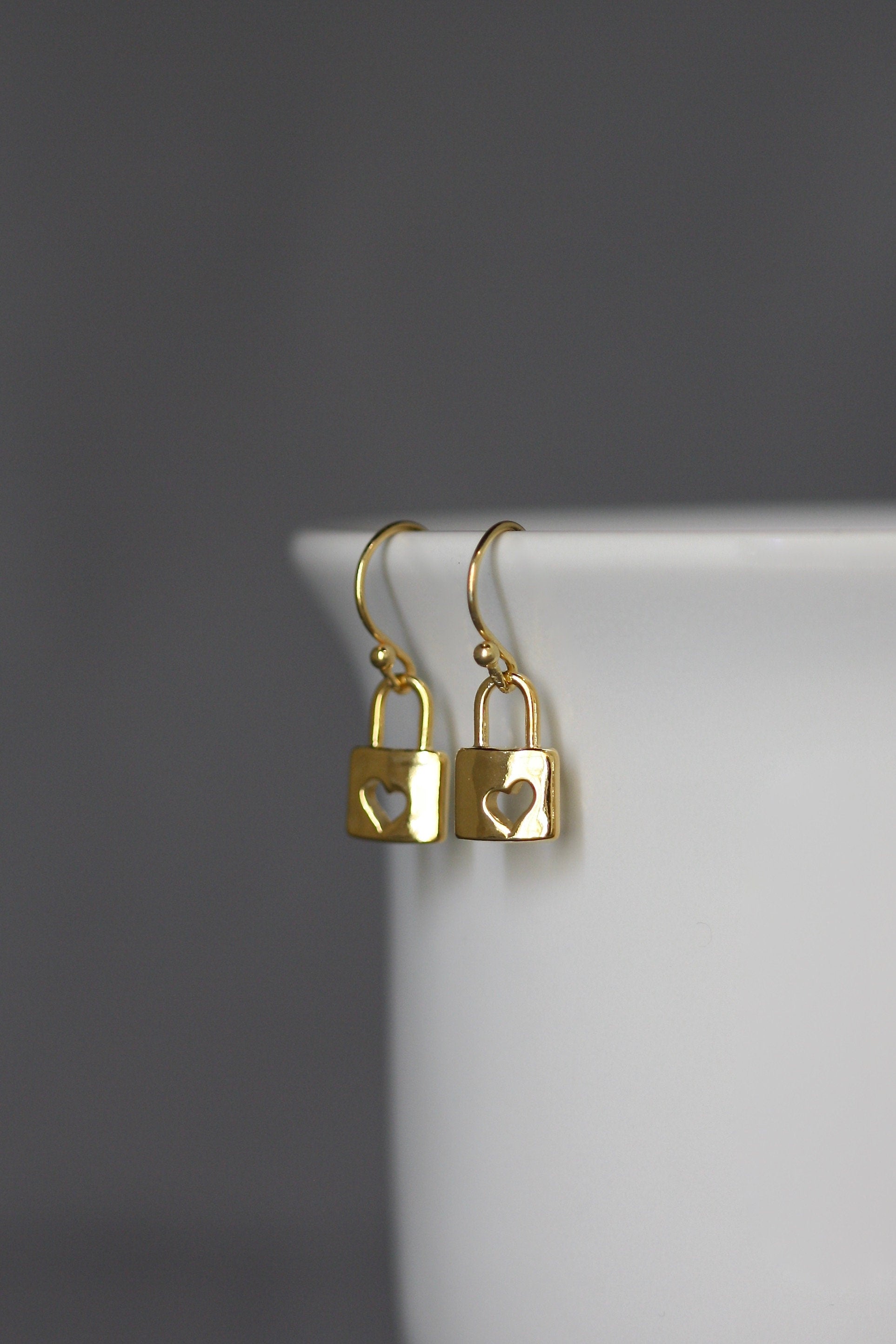 Gold Vermeil Heart Padlock Charm Dangle Earrings