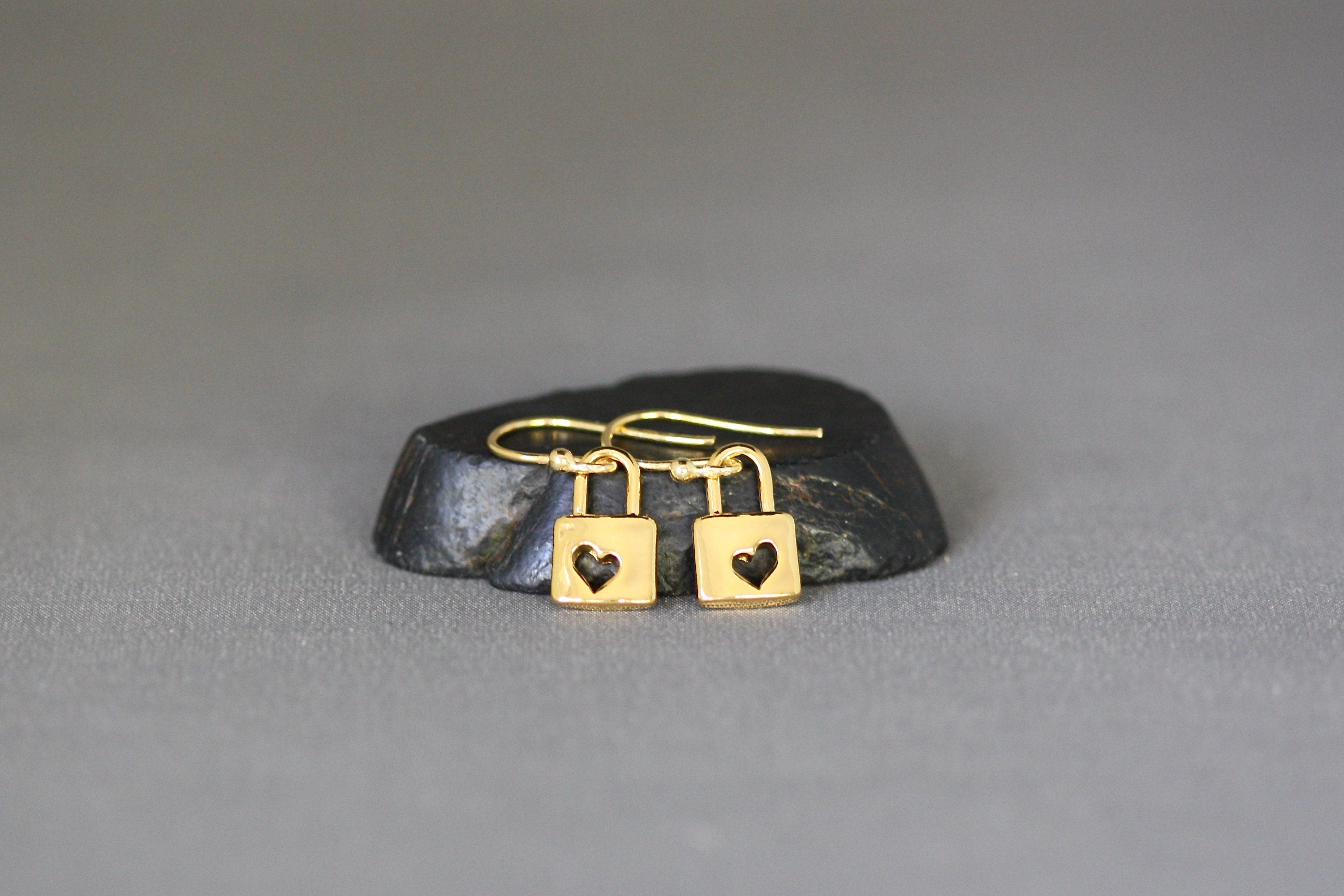 Gold Vermeil Heart Padlock Charm Dangle Earrings