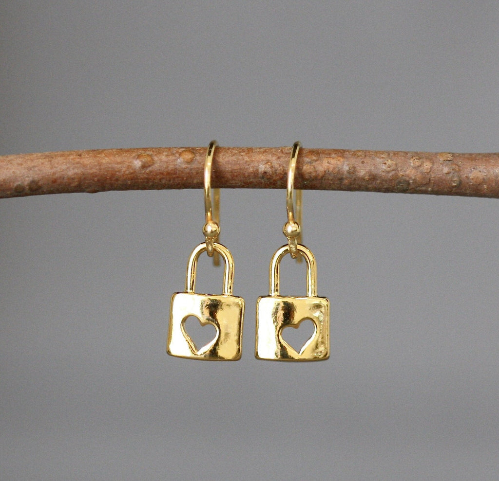 Gold Vermeil Heart Padlock Charm Dangle Earrings
