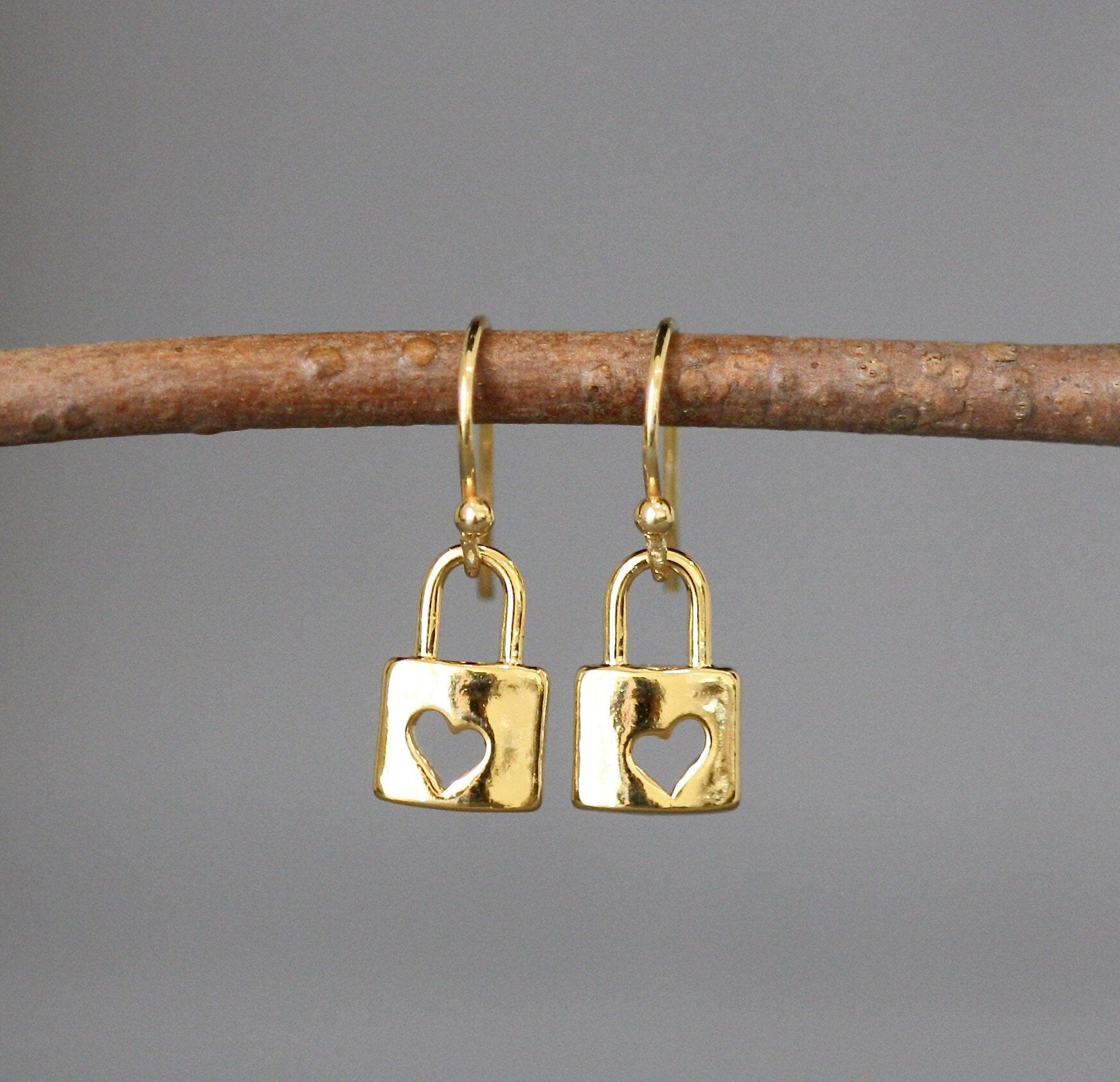 Gold Vermeil Heart Padlock Charm Dangle Earrings