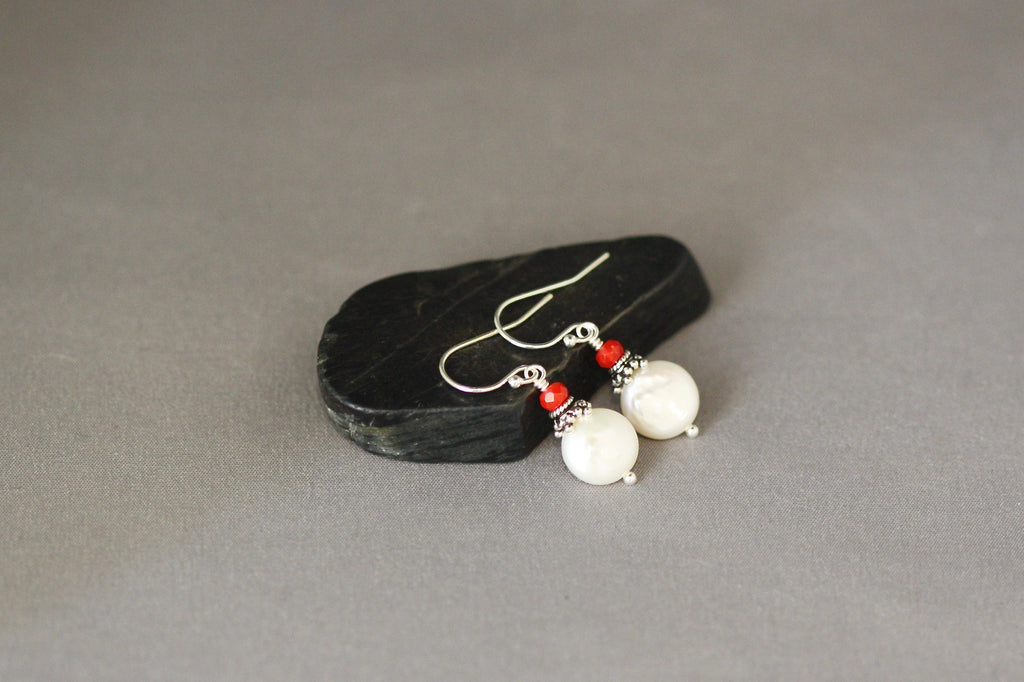 Red Coral and Freshwater Coin Pearl Sterling Silver Dangle Earrings
