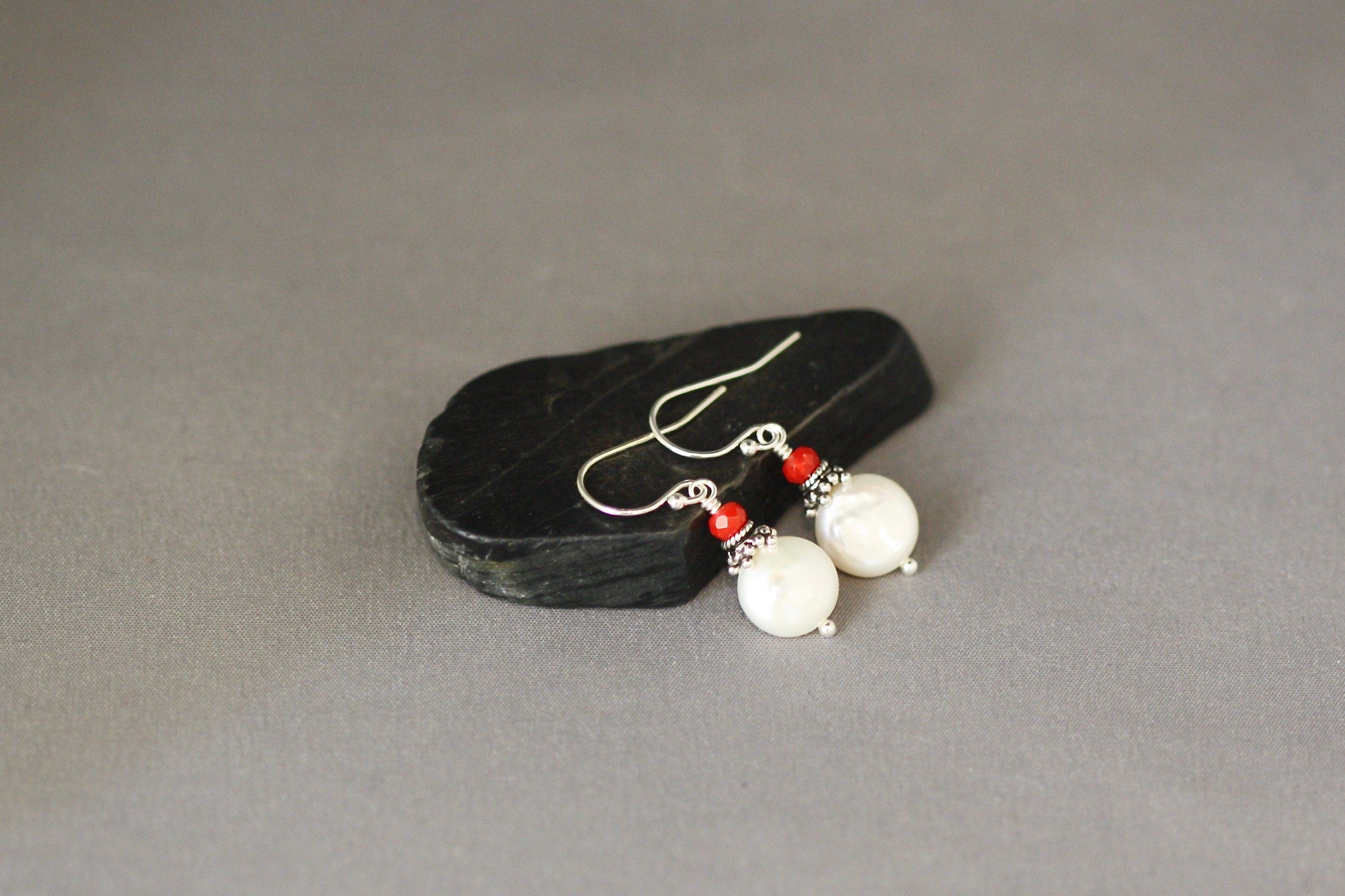 Red Coral and Freshwater Coin Pearl Sterling Silver Dangle Earrings