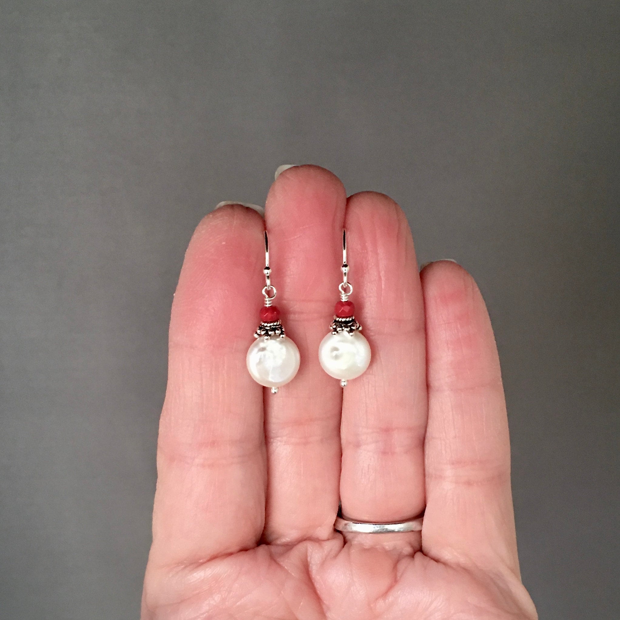Red Coral and Freshwater Coin Pearl Sterling Silver Dangle Earrings