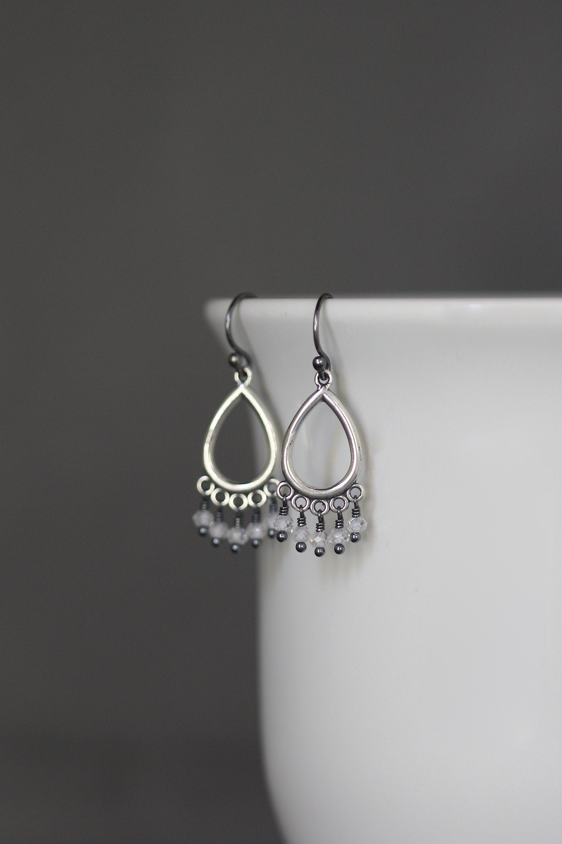 Cubic Zirconia Dangle Earrings on Oxidized Bali Sterling Silver Chandelier Findings