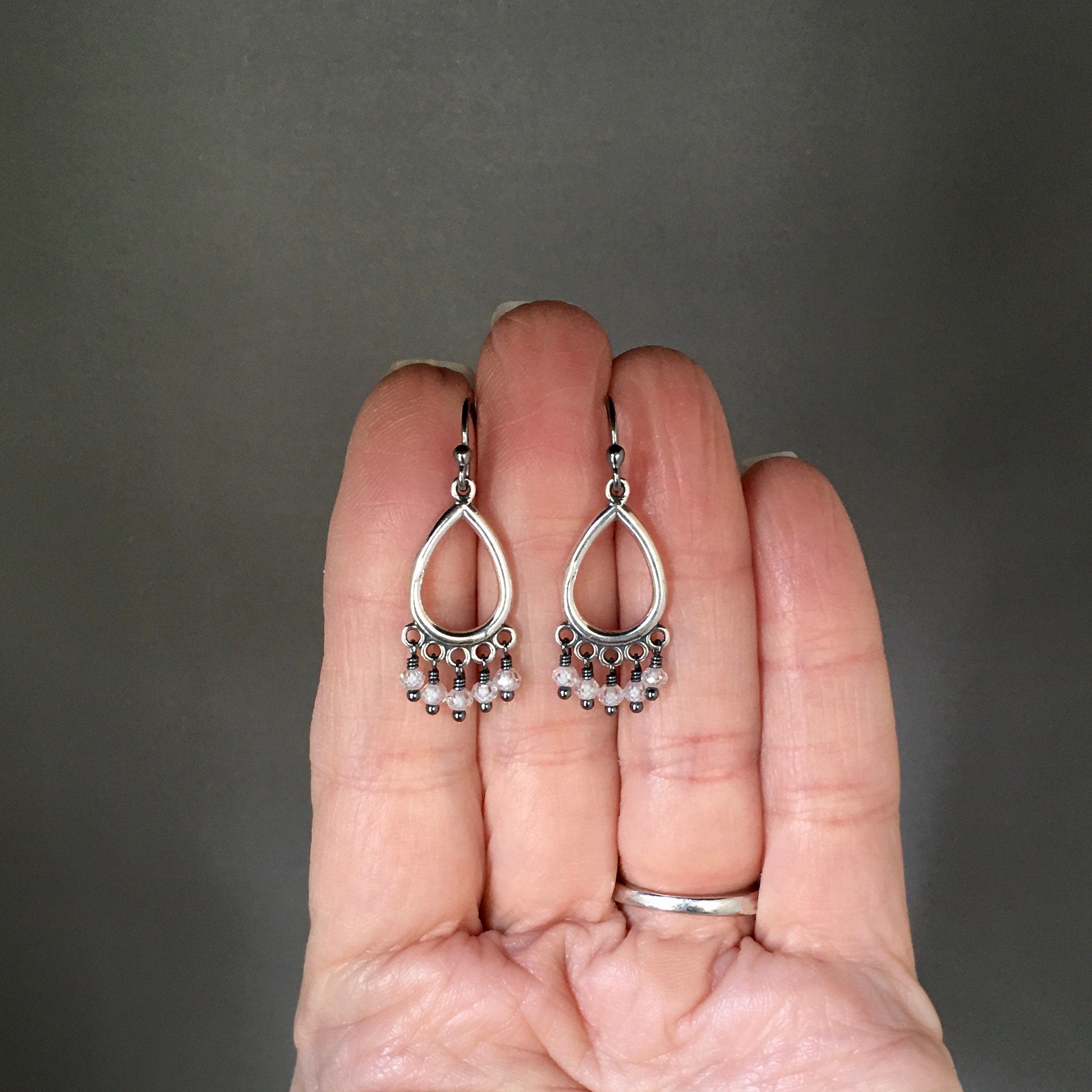 Cubic Zirconia Dangle Earrings on Oxidized Bali Sterling Silver Chandelier Findings