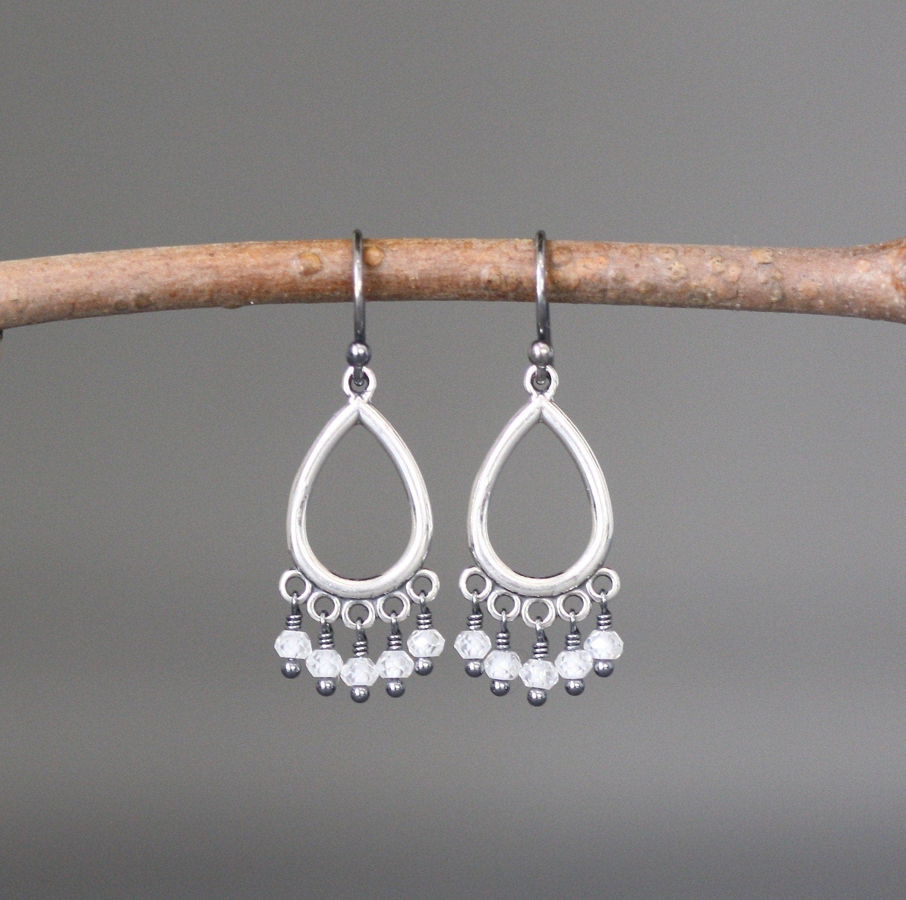 Cubic Zirconia Dangle Earrings on Oxidized Bali Sterling Silver Chandelier Findings