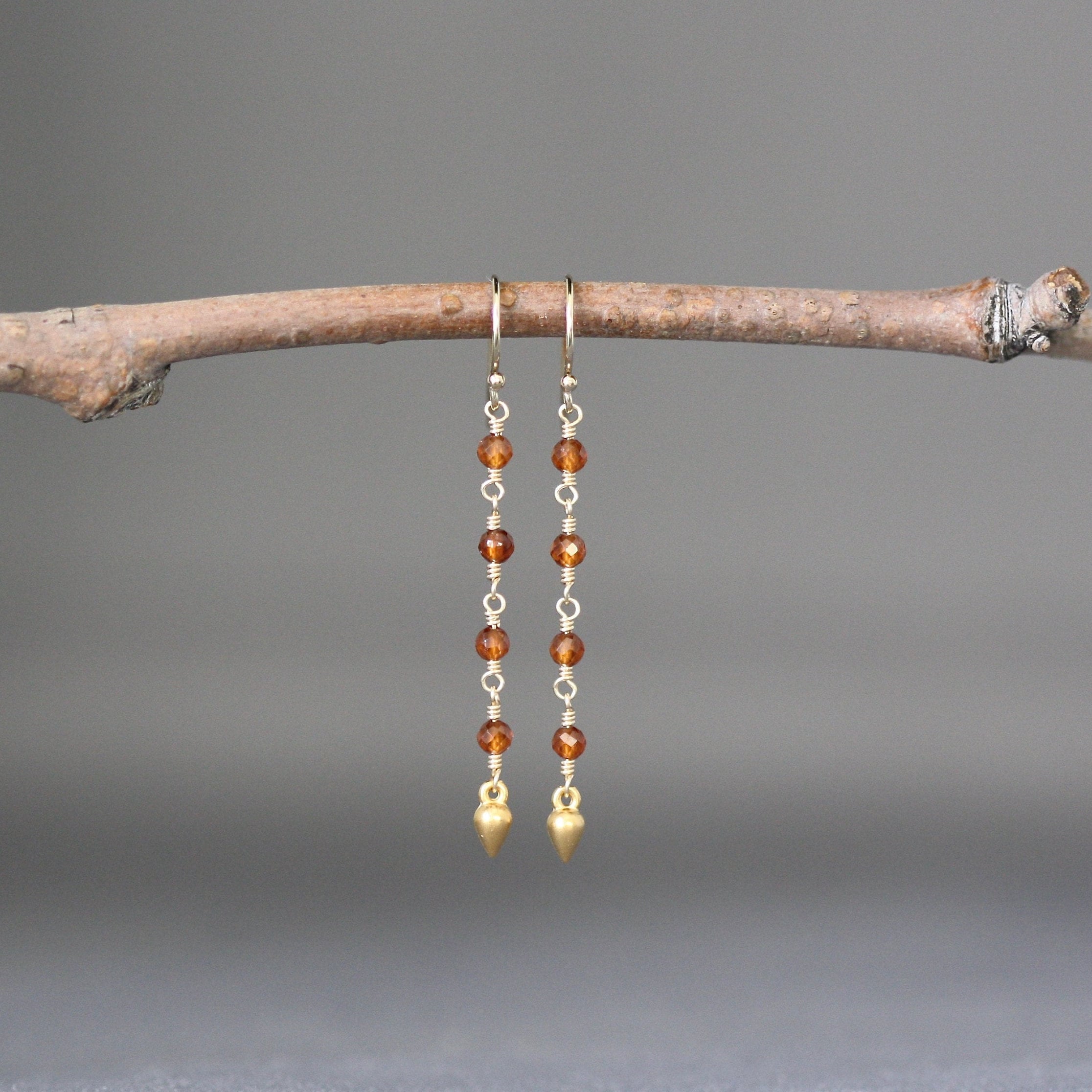 Hessonite Garnet Dangle Earrings with Matte Gold Vermeil Teardrop Charms