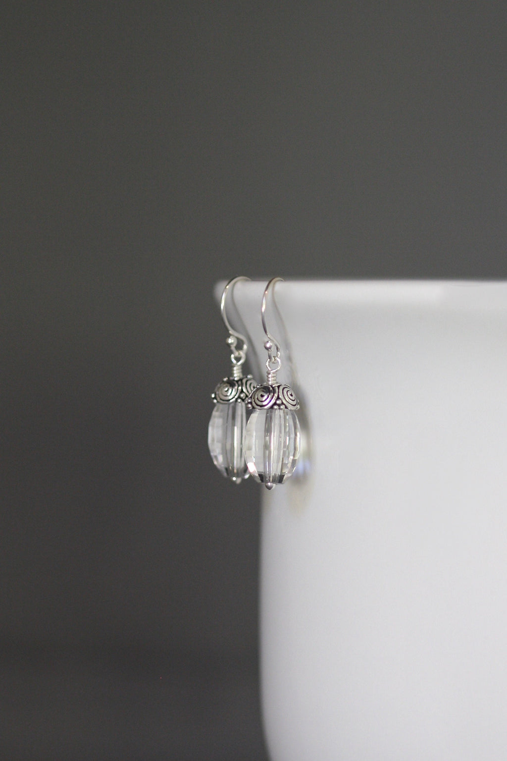Clear Quartz Crystal and Bali Sterling Silver Cap Dangle Earrings
