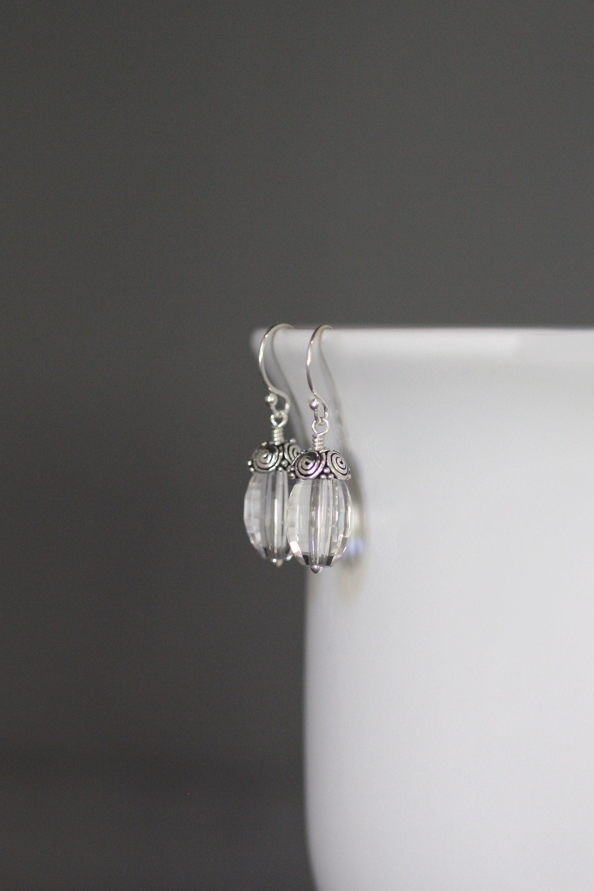 Clear Quartz Crystal and Bali Sterling Silver Cap Dangle Earrings