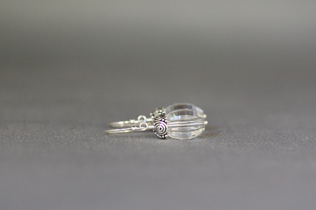 Clear Quartz Crystal and Bali Sterling Silver Cap Dangle Earrings