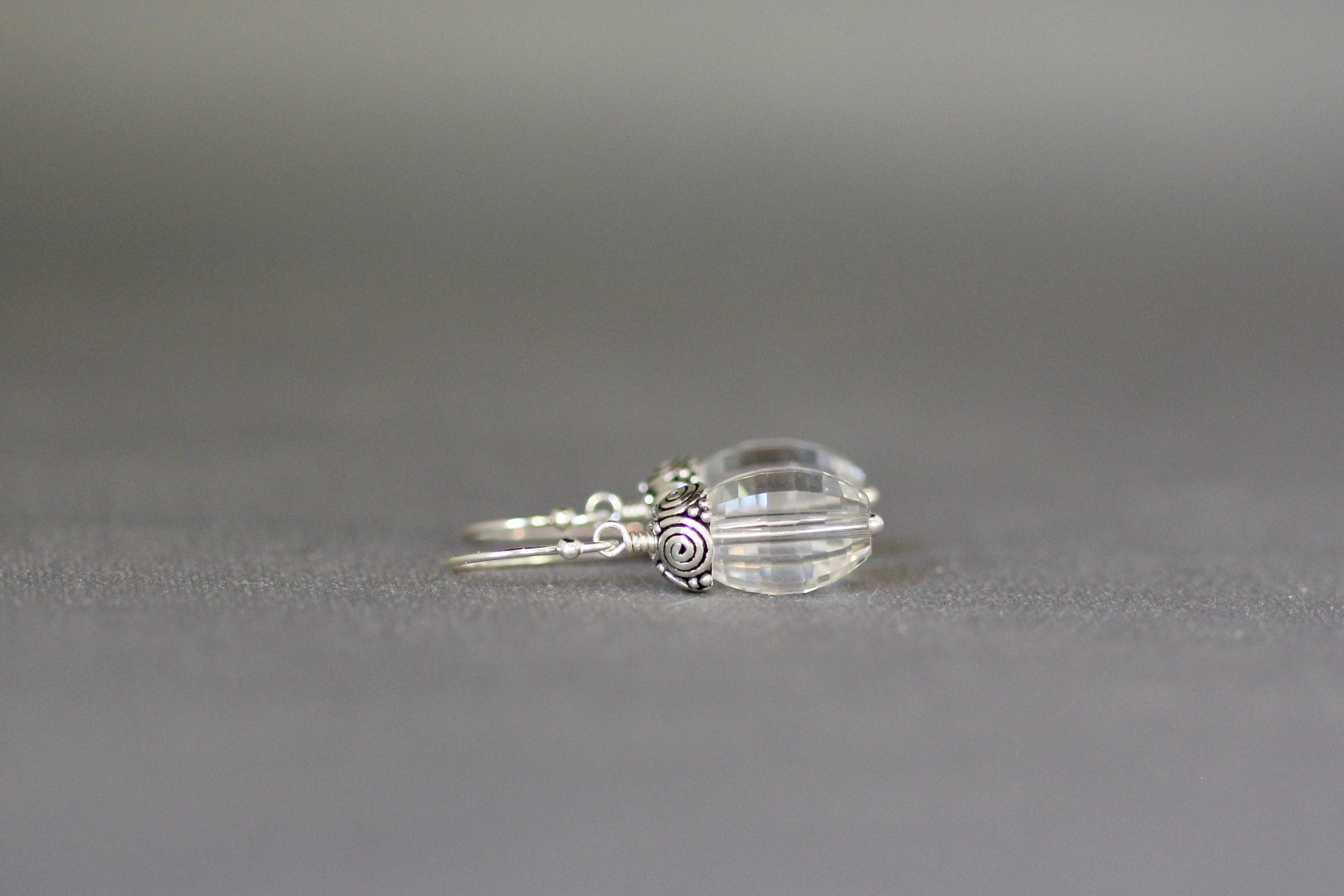 Clear Quartz Crystal and Bali Sterling Silver Cap Dangle Earrings