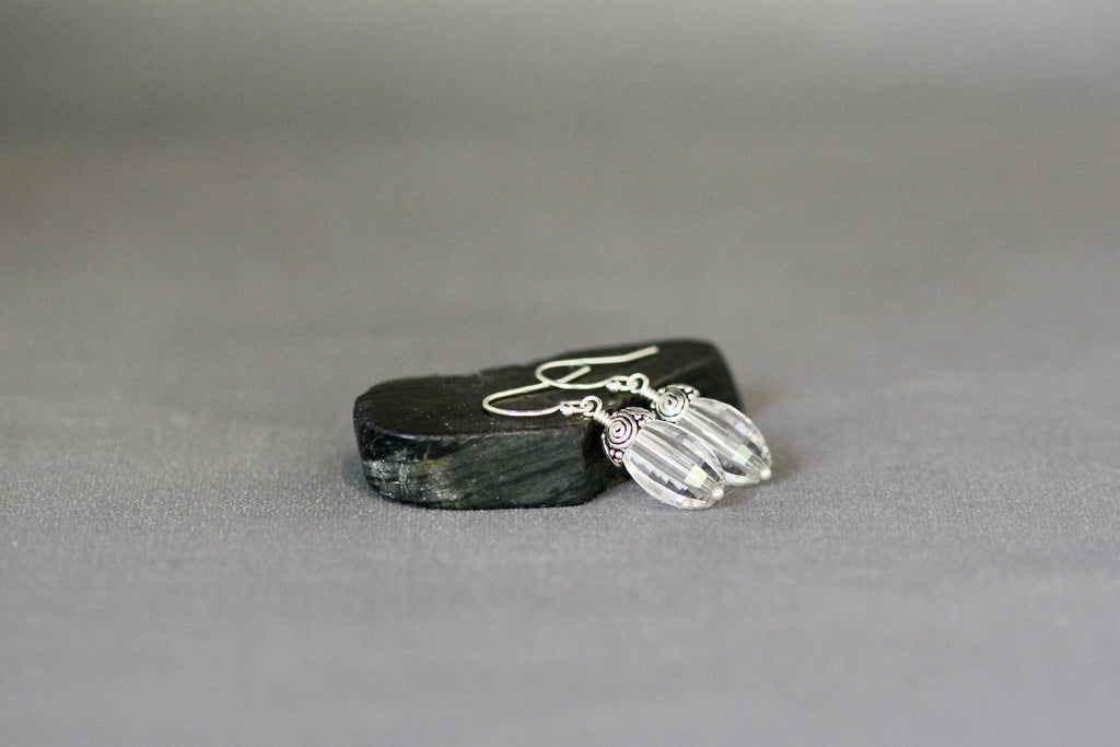 Clear Quartz Crystal and Bali Sterling Silver Cap Dangle Earrings