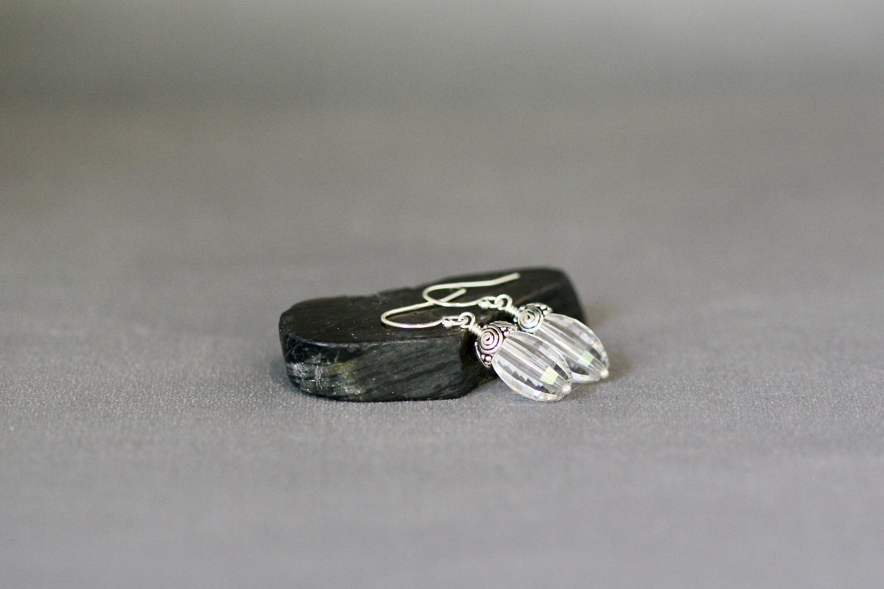 Clear Quartz Crystal and Bali Sterling Silver Cap Dangle Earrings
