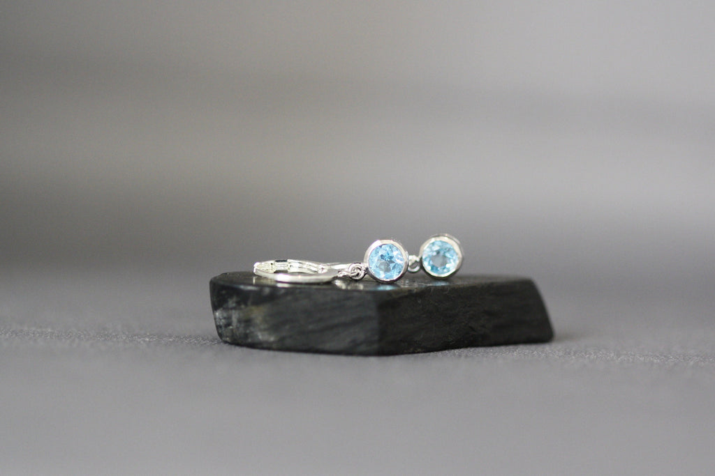 Swiss Blue Topaz Bezel Charm Earrings on Silver Huggie Hoops