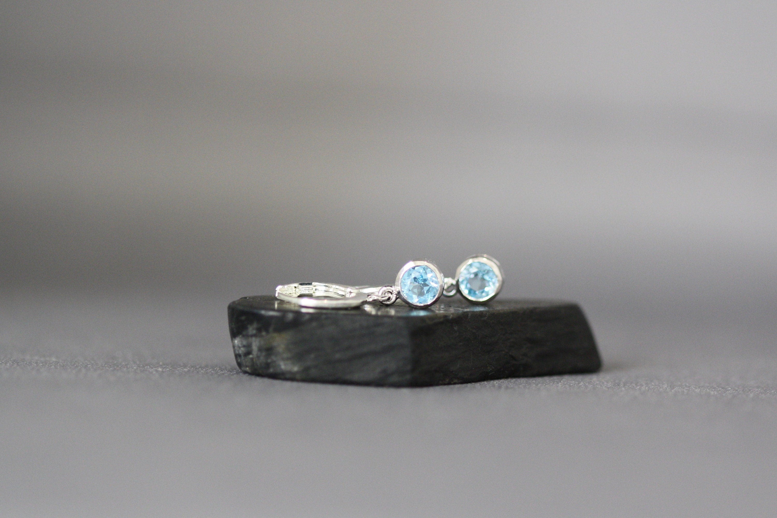 Swiss Blue Topaz Bezel Charm Earrings on Silver Huggie Hoops