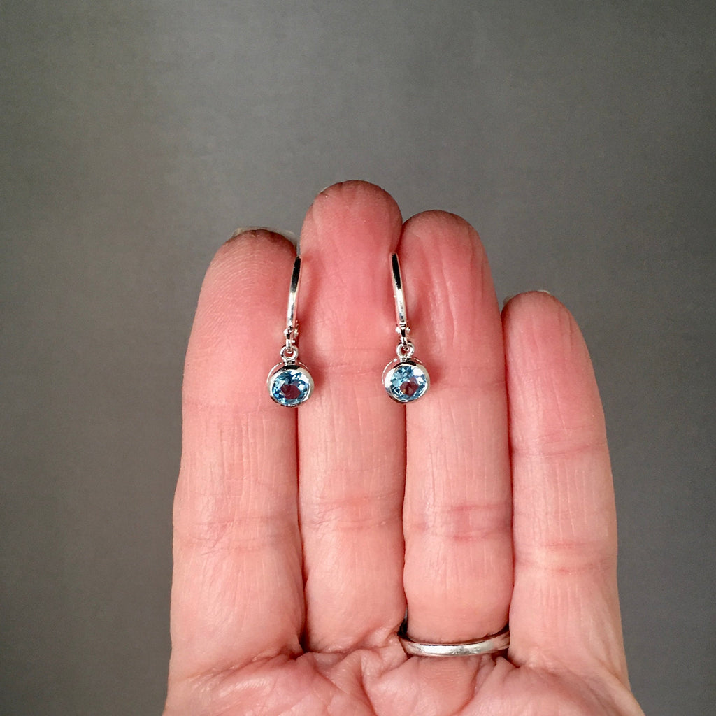 Swiss Blue Topaz Bezel Charm Earrings on Silver Huggie Hoops