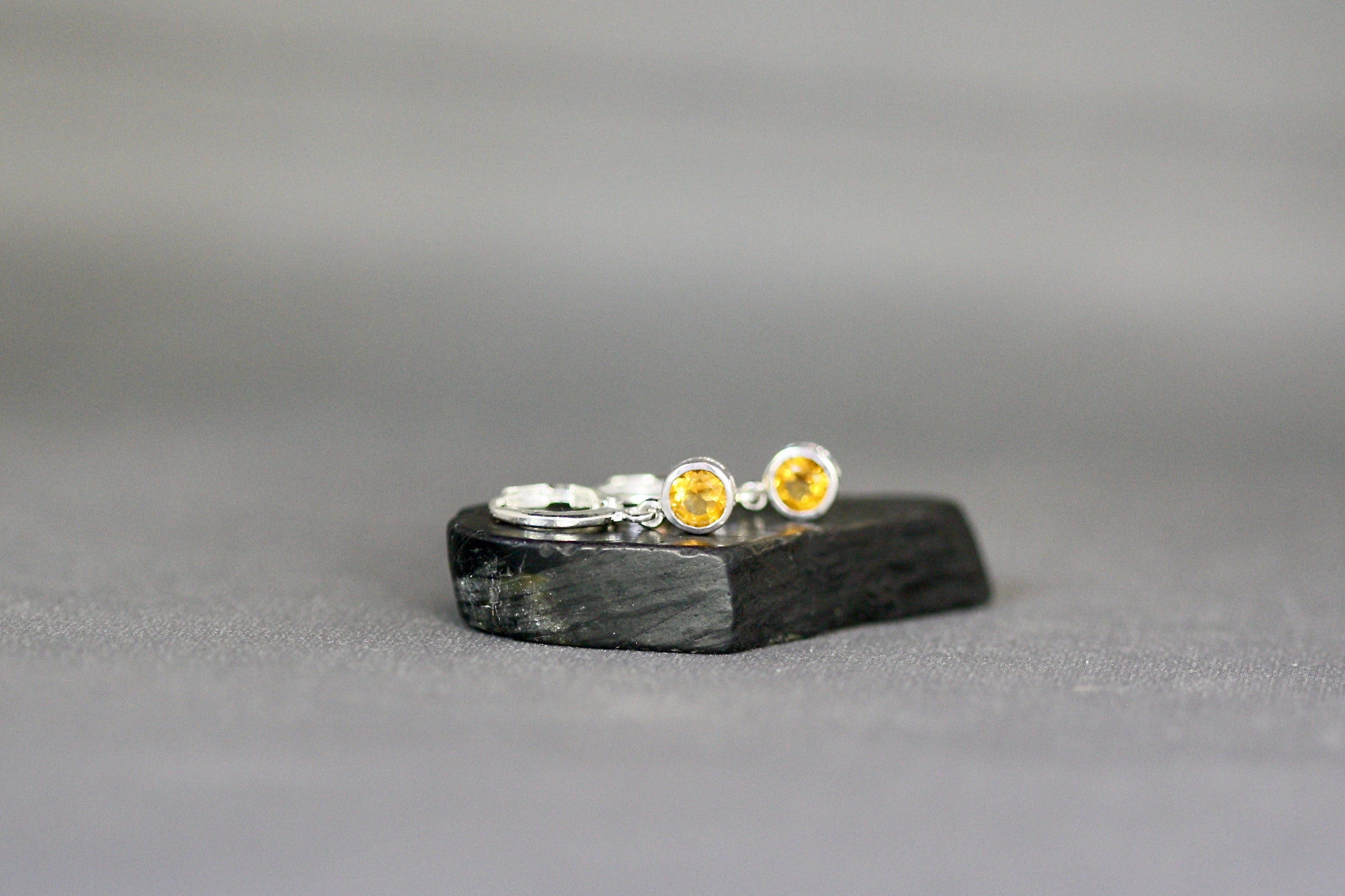 Citrine Bezel Charm Earrings on Silver Huggie Hoops