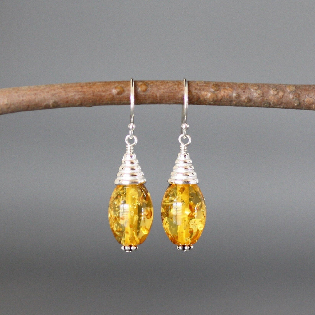 Yellow Amber Gemstone Oval Dangle Earrings with Bali Sterling Silver Caps