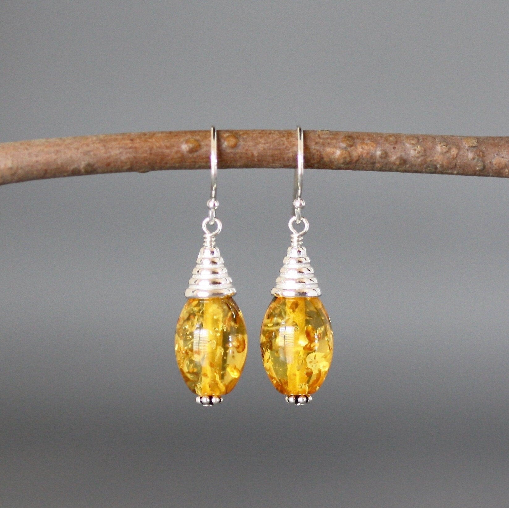 Yellow Amber Gemstone Oval Dangle Earrings with Bali Sterling Silver Caps