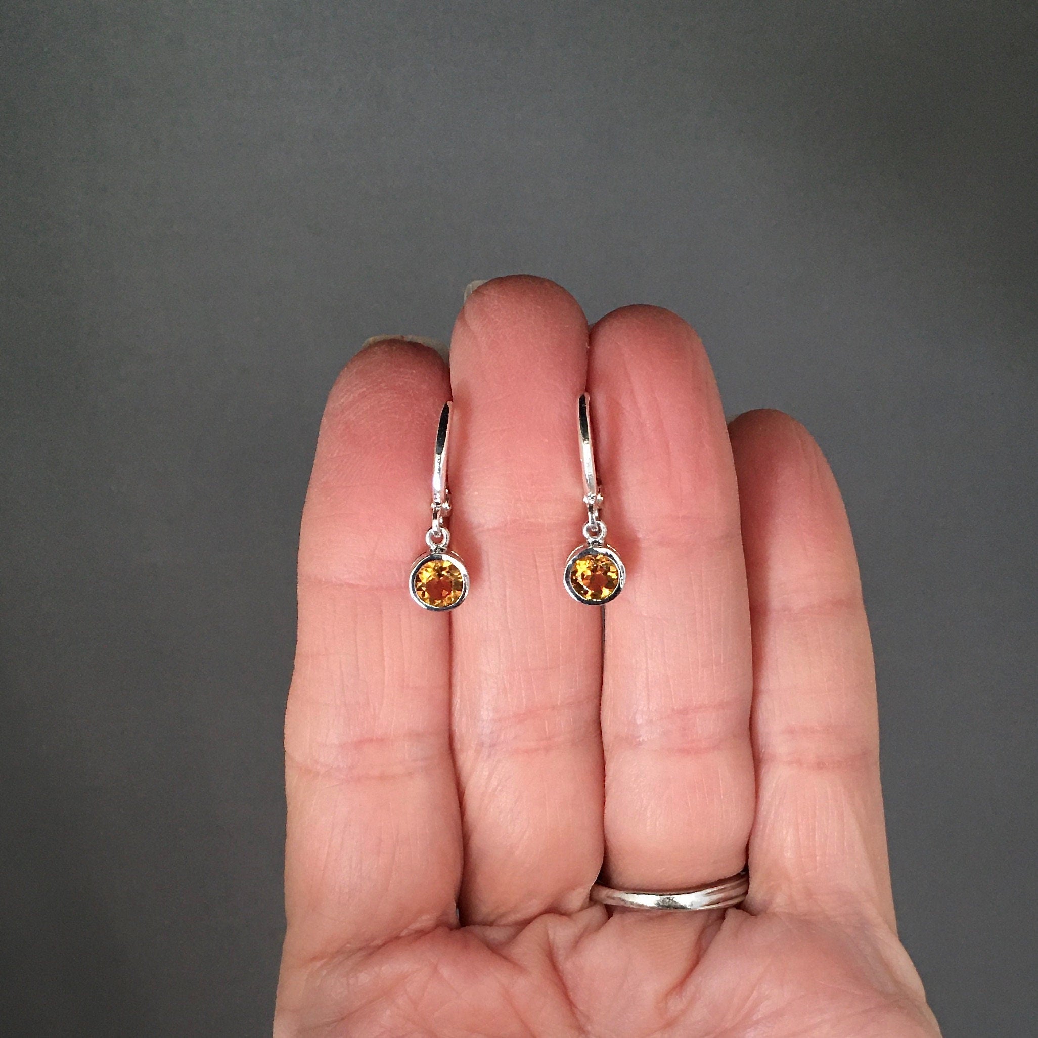 Citrine Bezel Charm Earrings on Silver Huggie Hoops