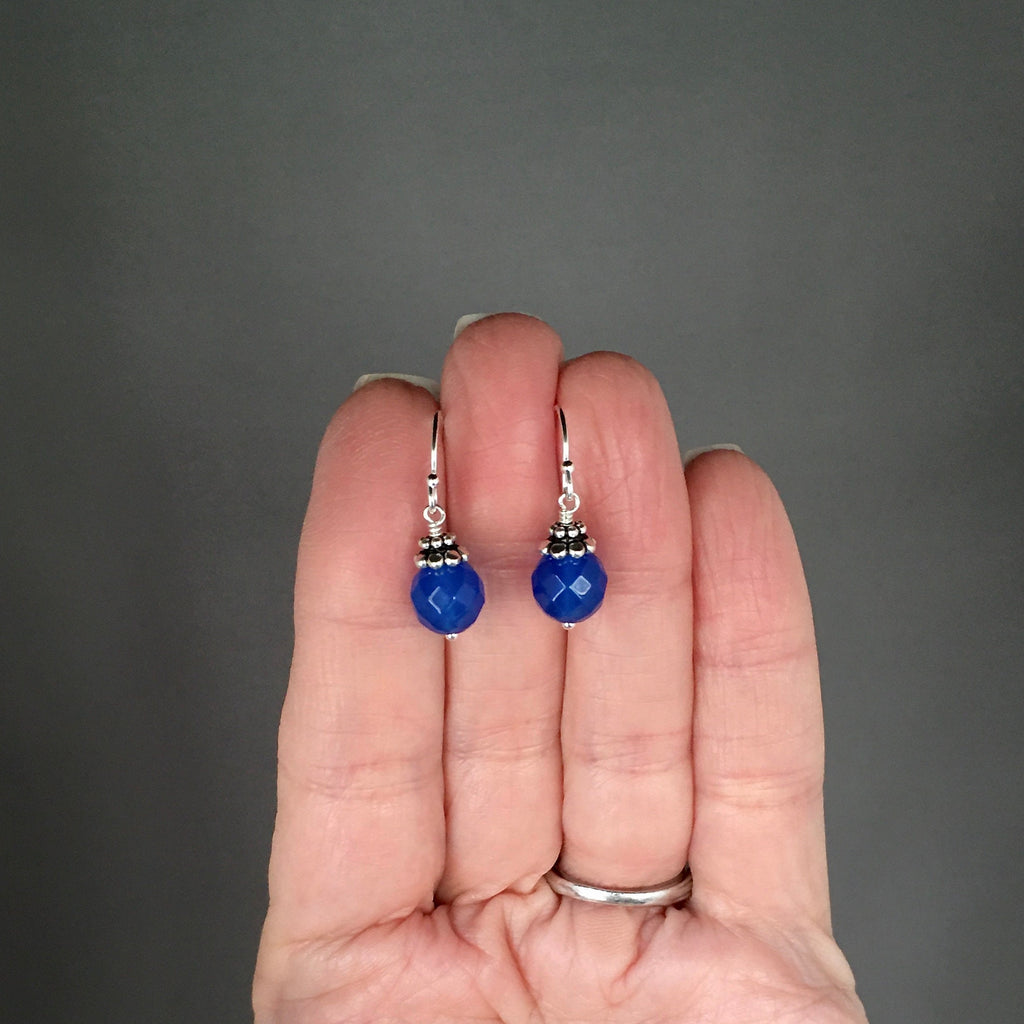 Blue Agate Bead Earrings with Bali Sterling Silver Caps
