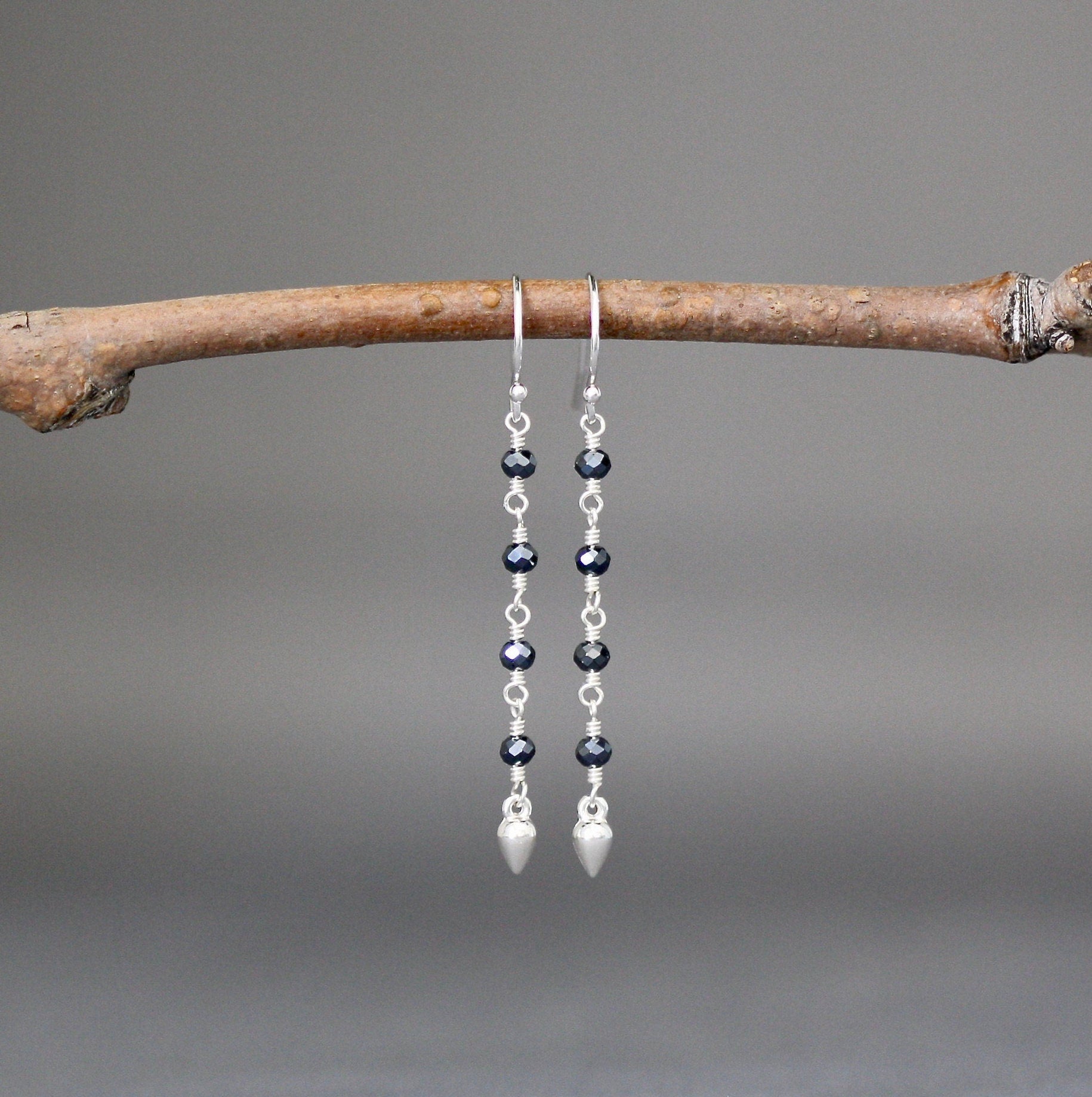 Gray Spinel and Sterling Silver Long Drop Earrings