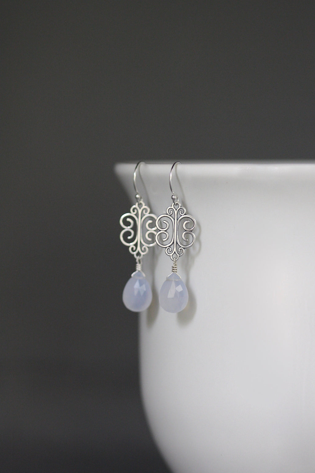 Blue Chalcedony Teardrop Earrings on Bali Sterling Silver Filigree Links
