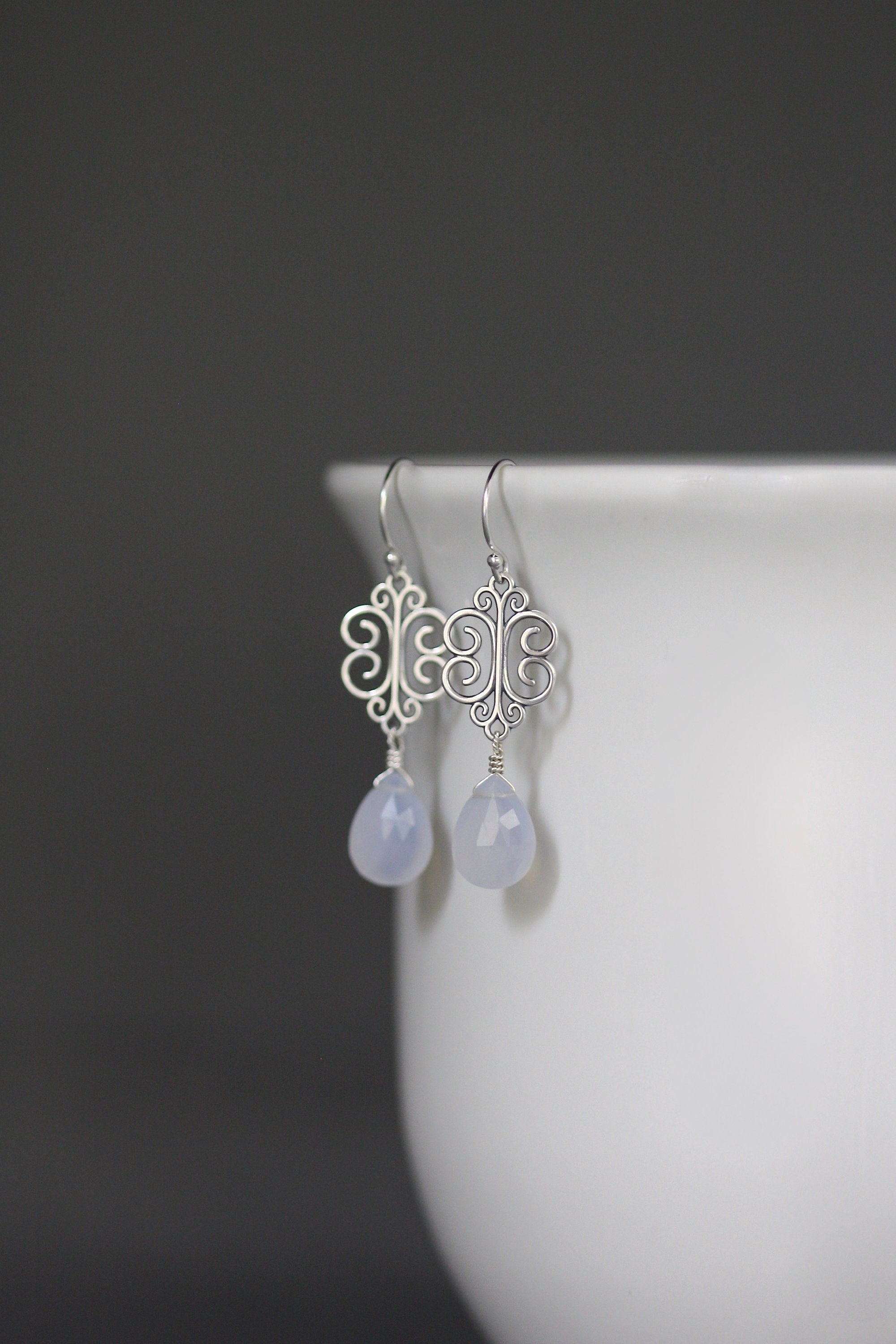 Blue Chalcedony Teardrop Earrings on Bali Sterling Silver Filigree Links