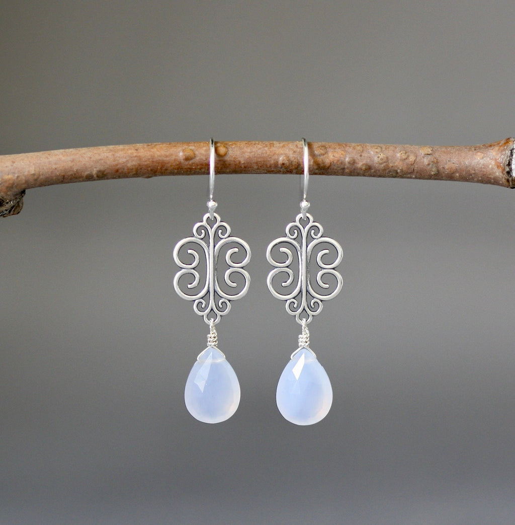 Blue Chalcedony Teardrop Earrings on Bali Sterling Silver Filigree Links
