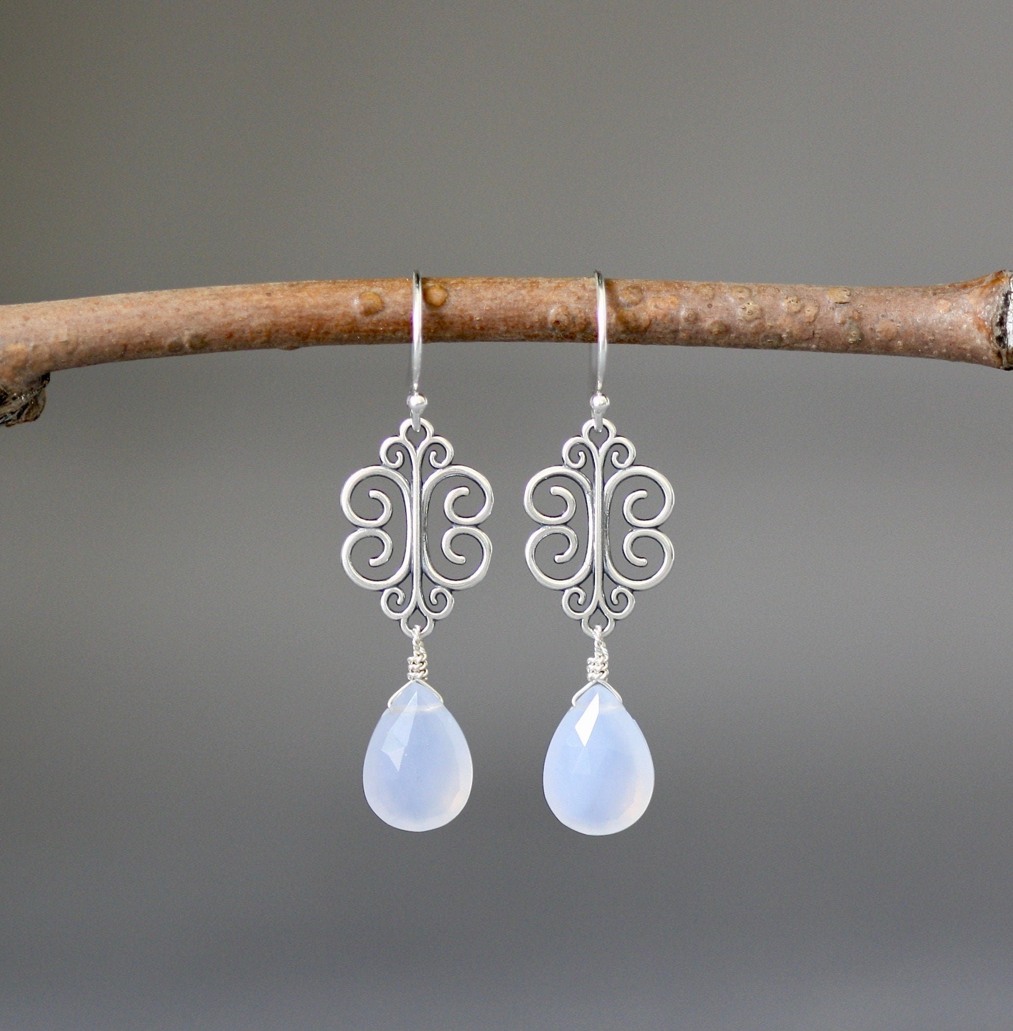 Blue Chalcedony Teardrop Earrings on Bali Sterling Silver Filigree Links