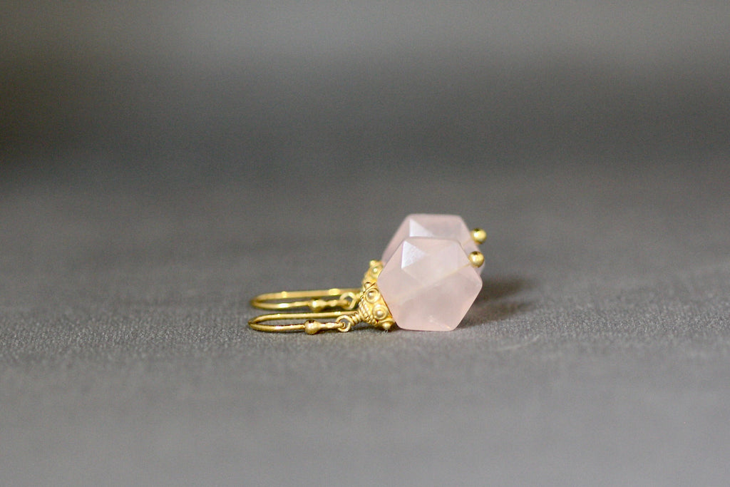 Rose Quartz Hexagon Dangle Earrings with Gold Vermeil Caps