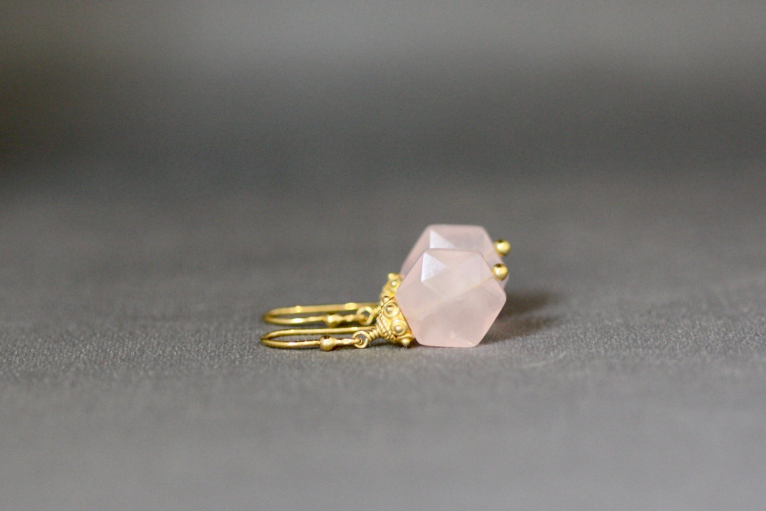 Rose Quartz Hexagon Dangle Earrings with Gold Vermeil Caps