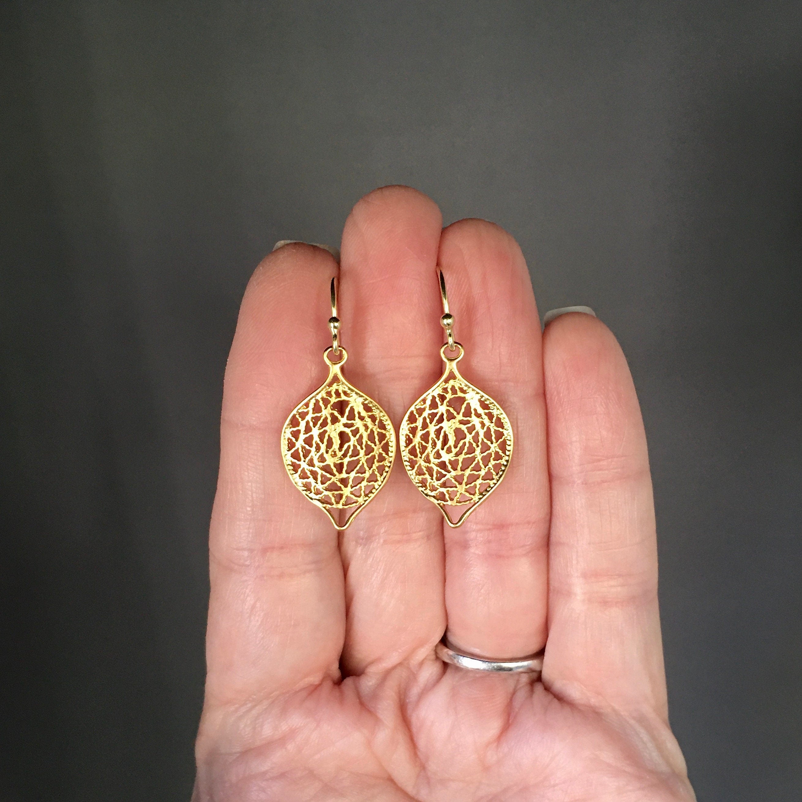 Matte Gold Vermeil Wavy Filigree Charm Dangle Earrings