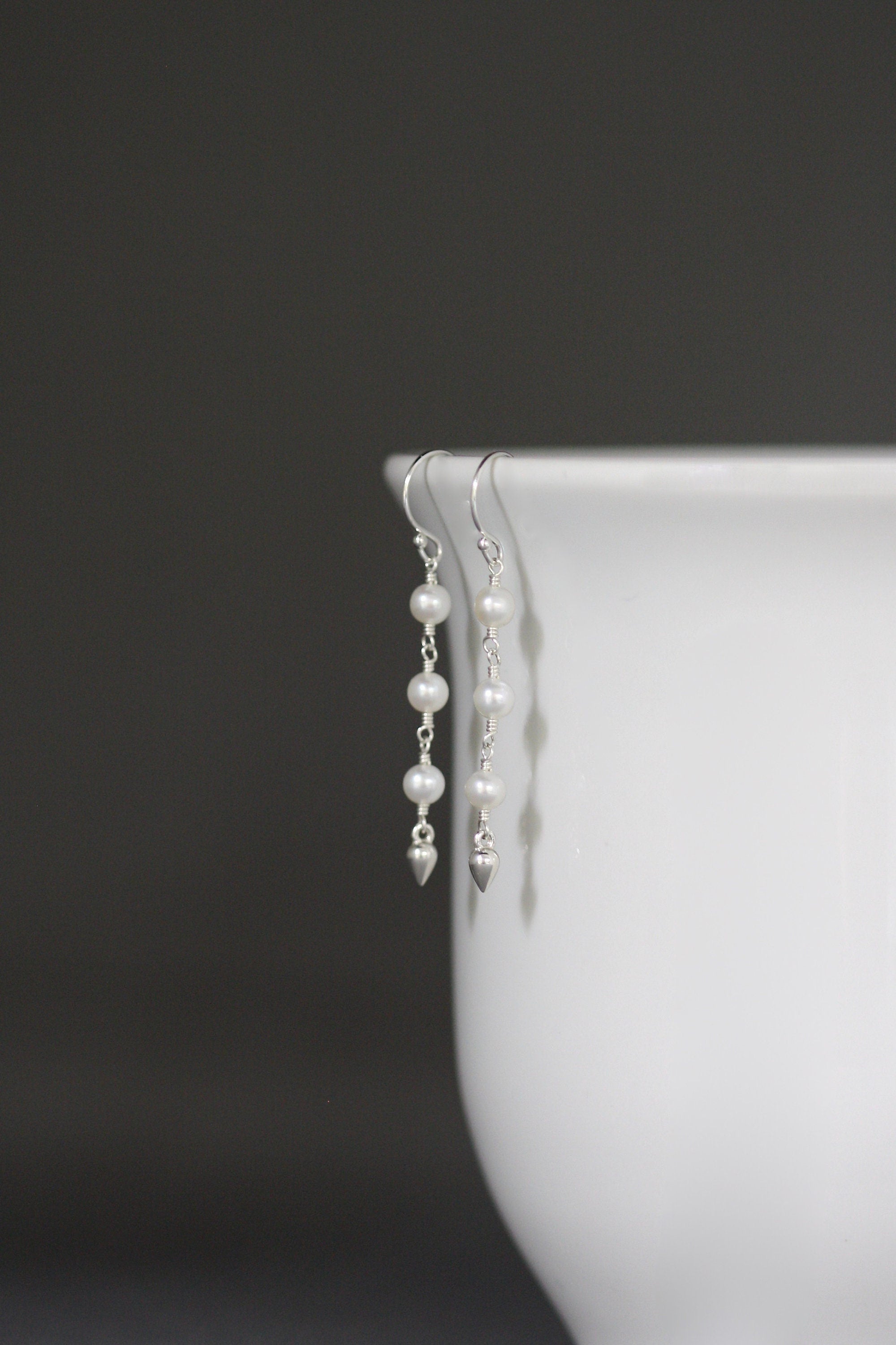 Freshwater Pearl and Bali Silver Teardrop Dangle Earrings