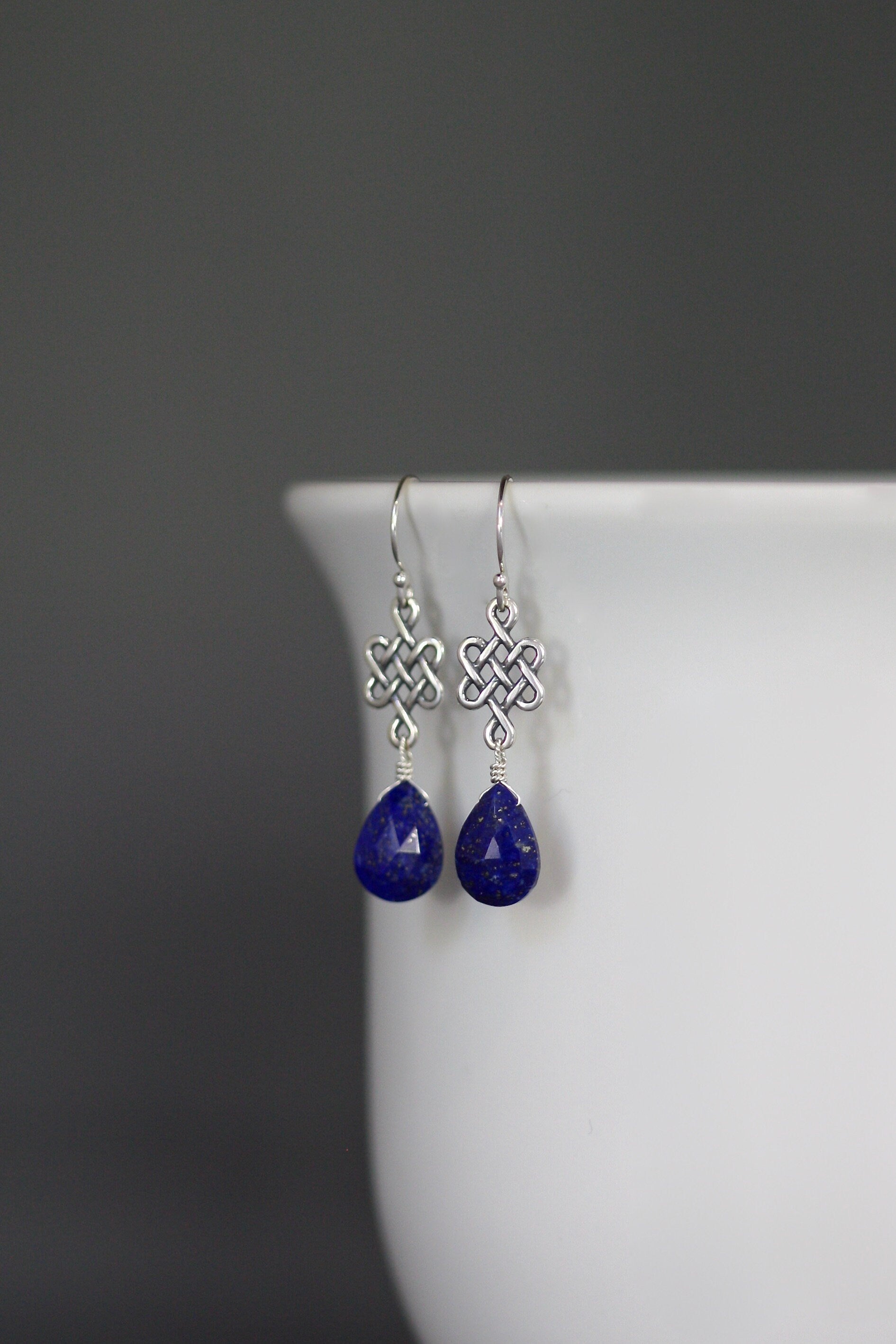 Lapis Lazuli Teardrop Earrings on Bali Sterling Silver Celtic Links