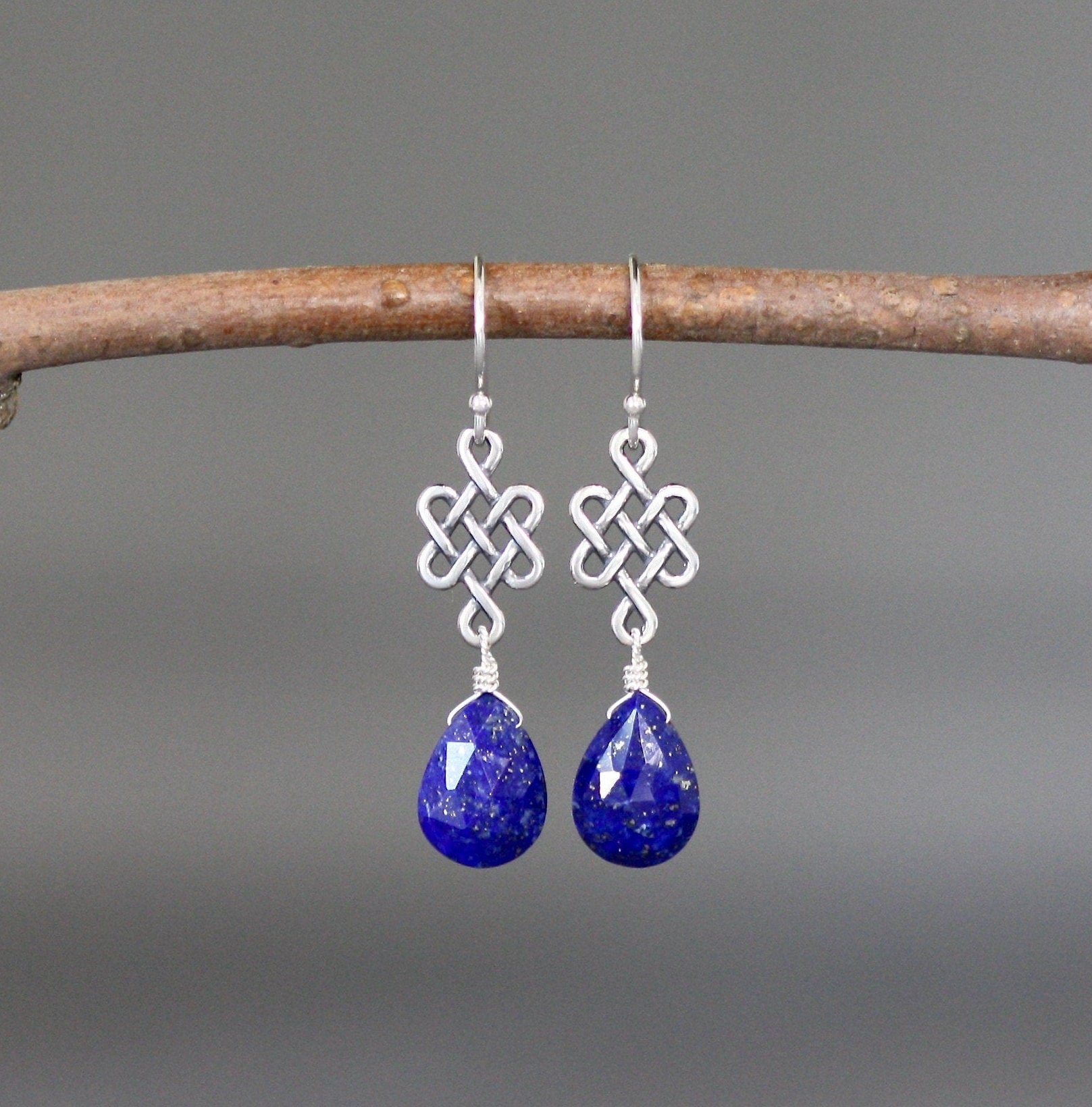 Lapis Lazuli Teardrop Earrings on Bali Sterling Silver Celtic Links