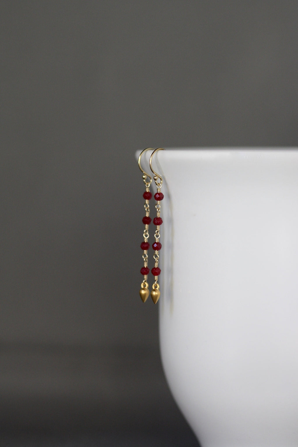 Ruby and Gold Filled Long Dangle Earrings with Matte Gold Vermeil Teardrop