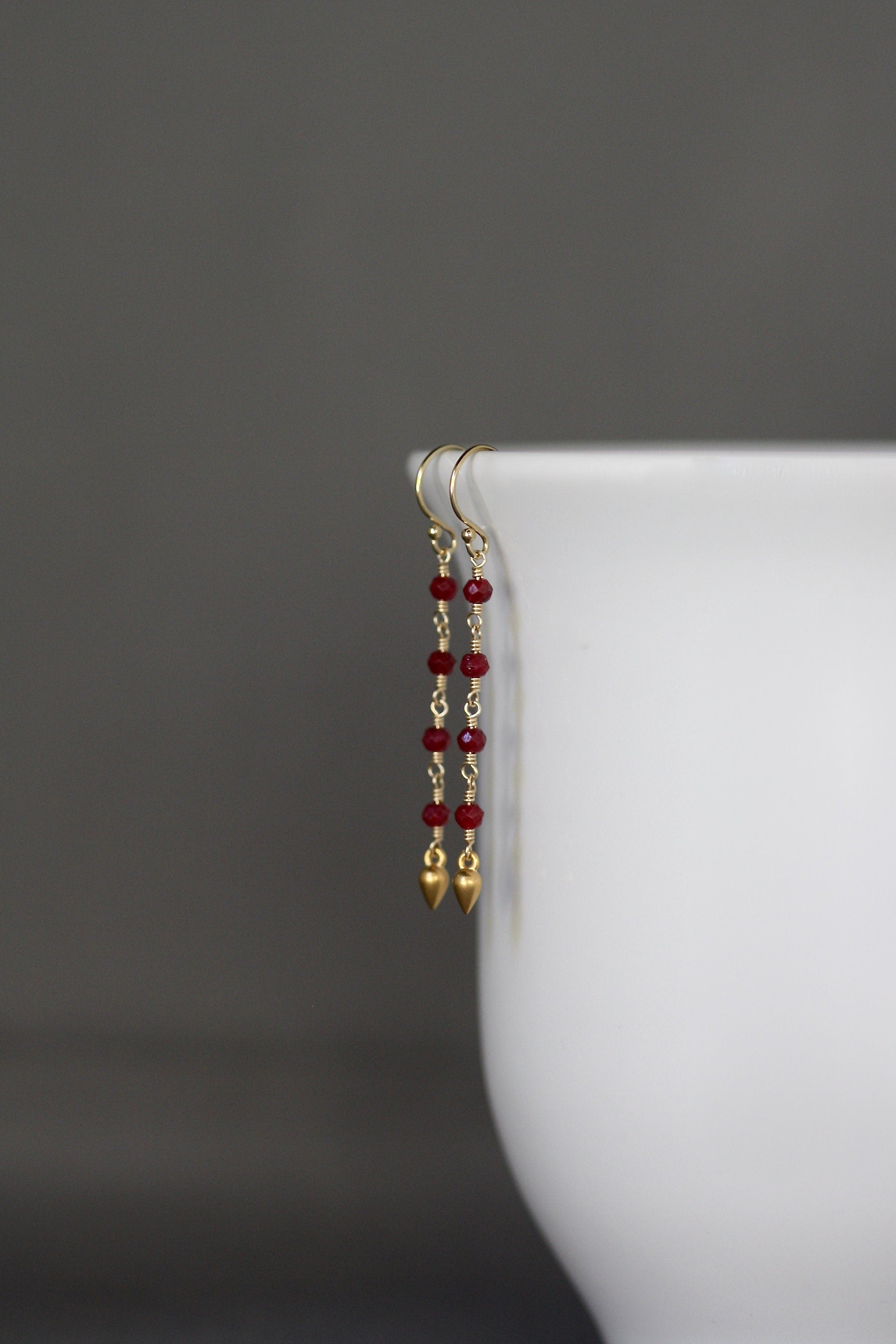 Ruby and Gold Filled Long Dangle Earrings with Matte Gold Vermeil Teardrop