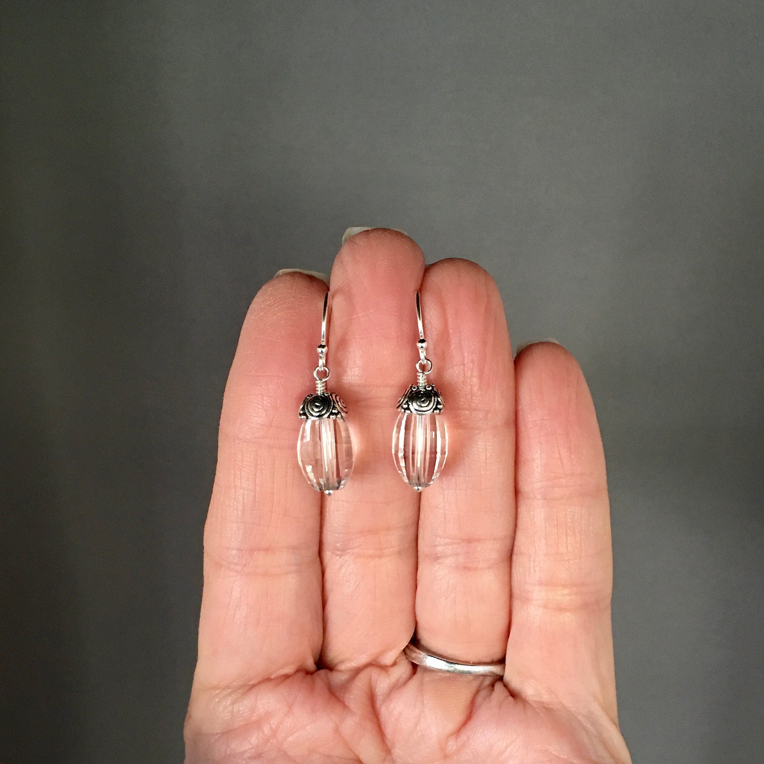 Clear Quartz Crystal and Bali Sterling Silver Cap Dangle Earrings