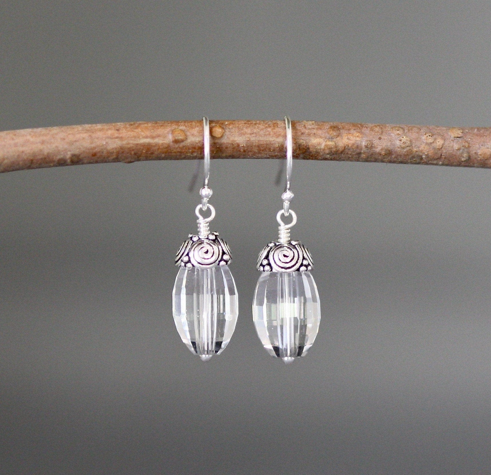 Clear Quartz Crystal and Bali Sterling Silver Cap Dangle Earrings