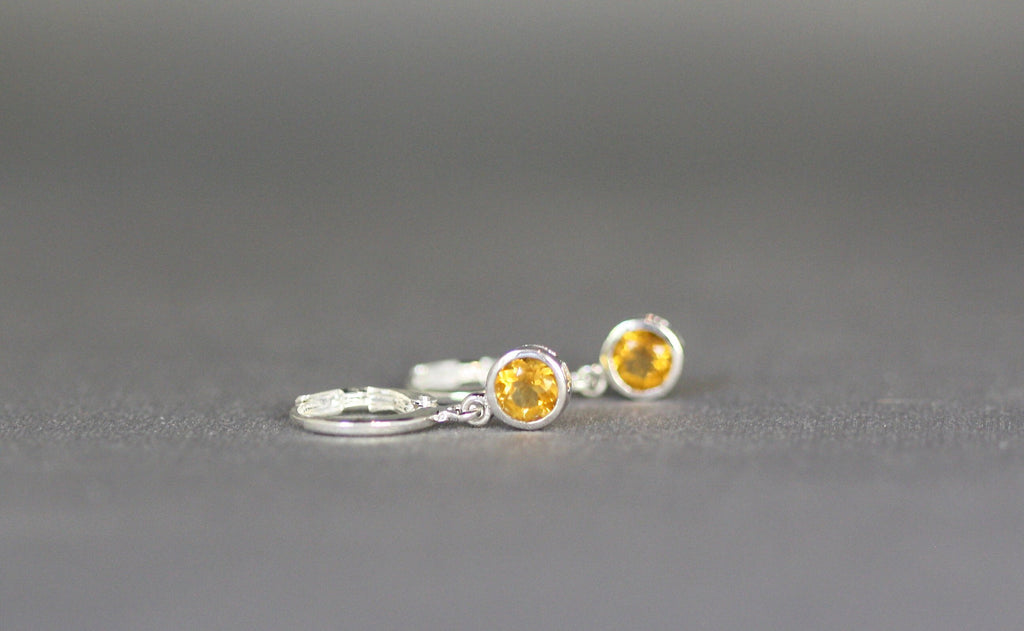 Citrine Bezel Charm Earrings on Silver Huggie Hoops