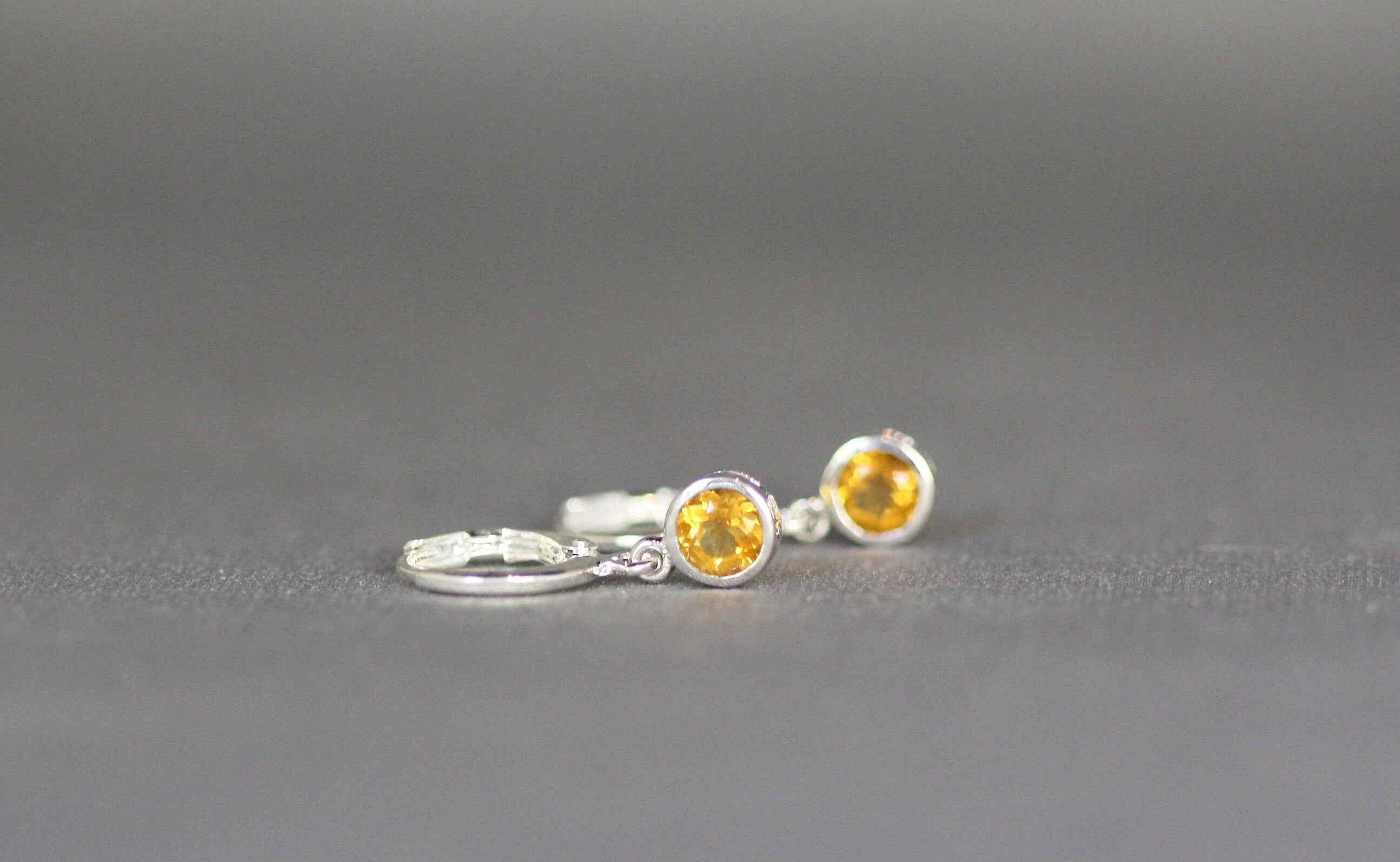 Citrine Bezel Charm Earrings on Silver Huggie Hoops
