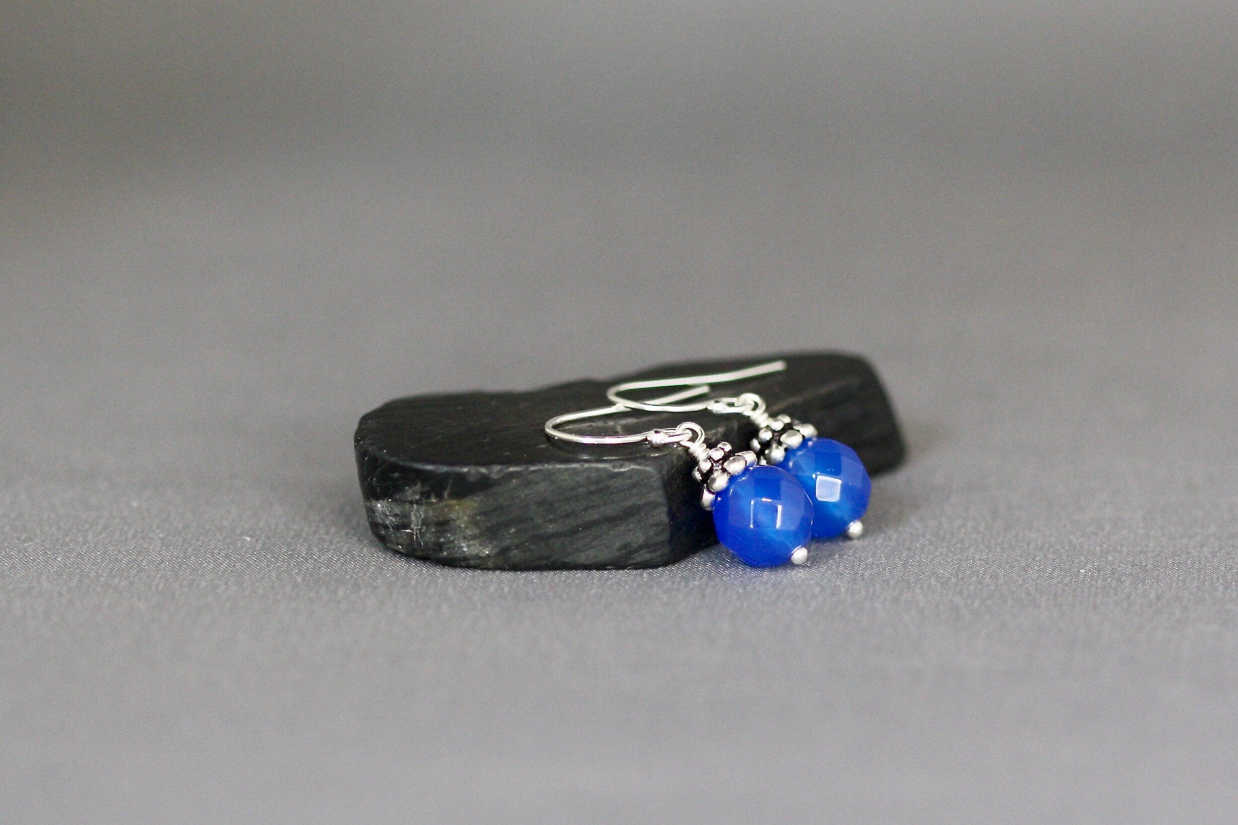 Blue Agate Bead Earrings with Bali Sterling Silver Caps
